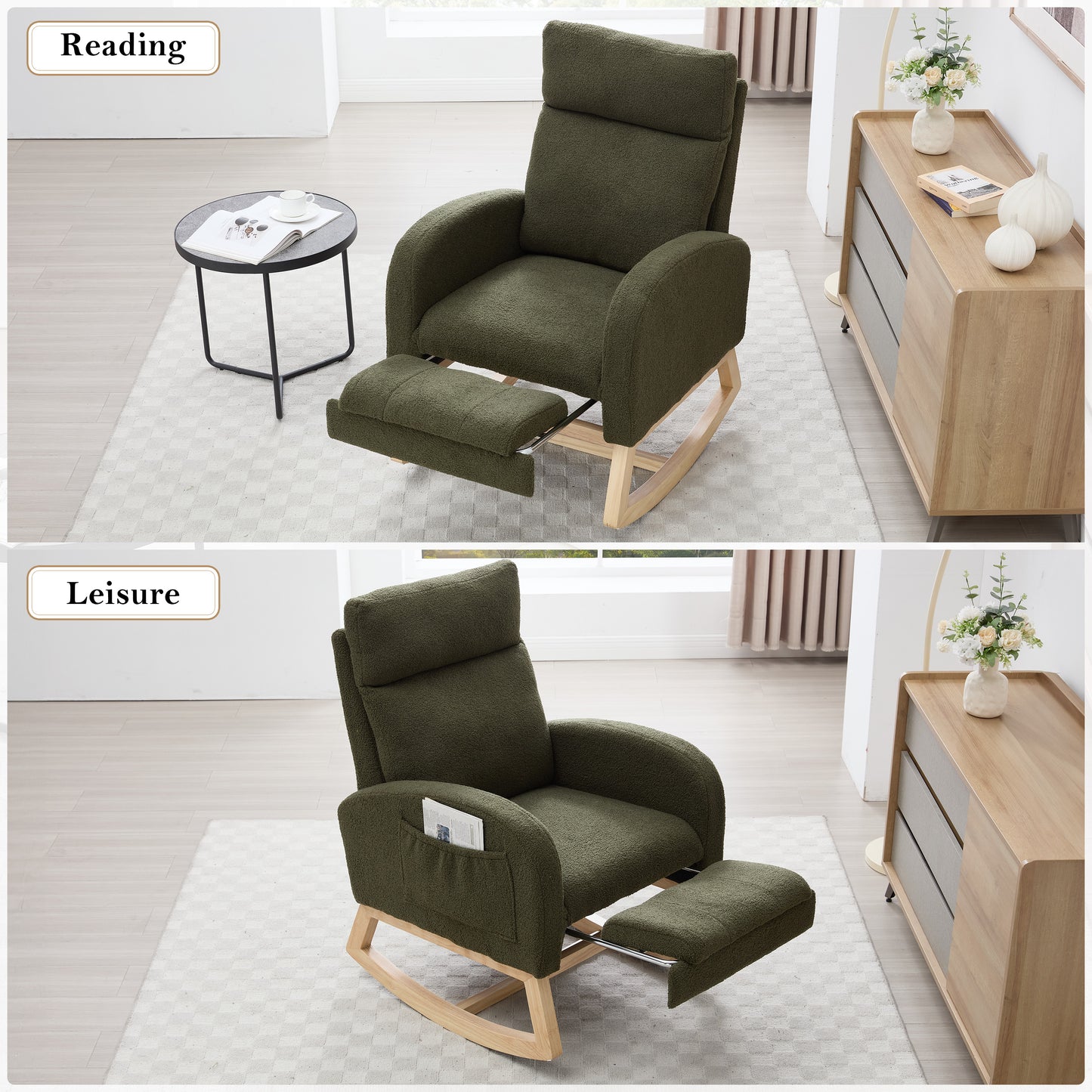 Teddy Fabric Rocking Chair with Adjustable Footstool - Green