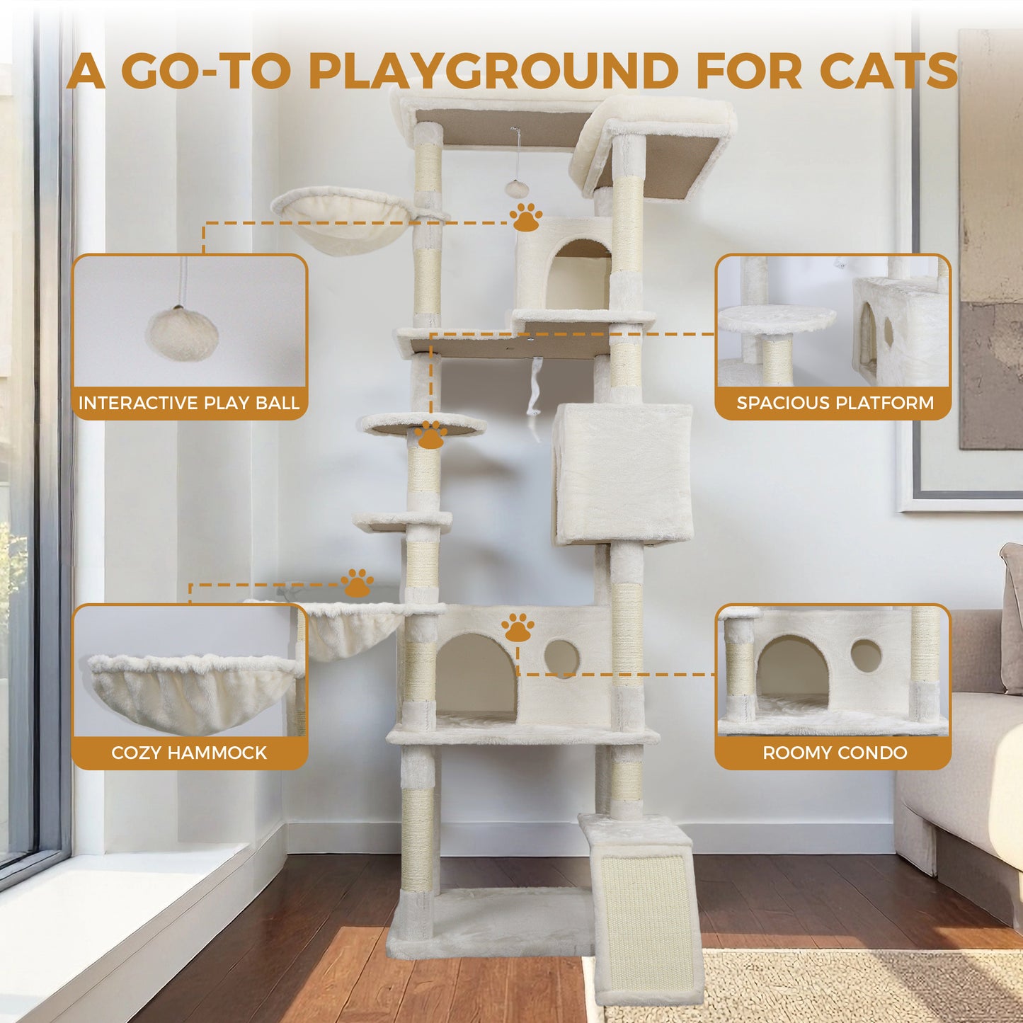 Large Beige Cat Tree Tower with Condo, Sisal Scratching Post & Top Platform