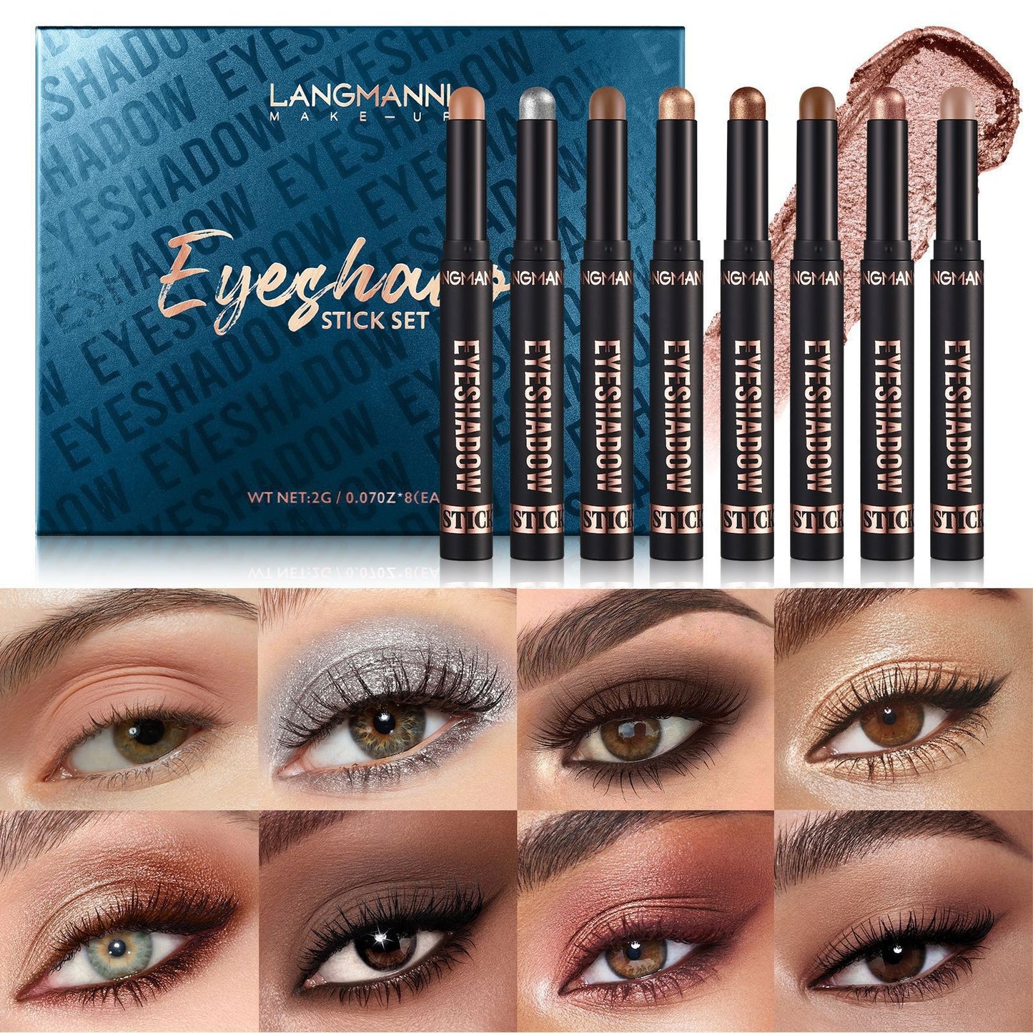 8 Color Eye Shadow Stick Set - Smudge-Resistant, Long-Wear Makeup