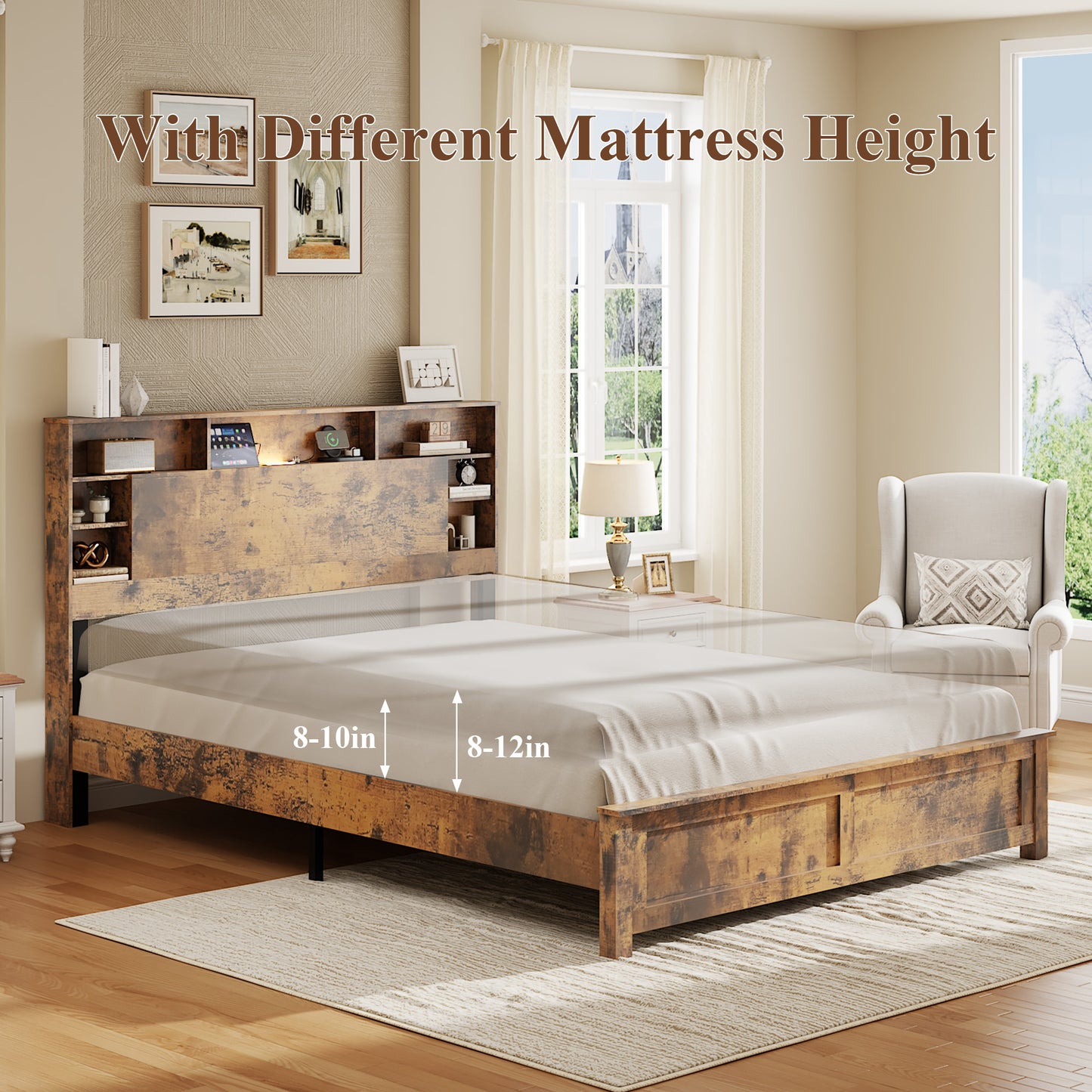 Queen Wood Platform Bed Frame with Bookcase Headboard & LED