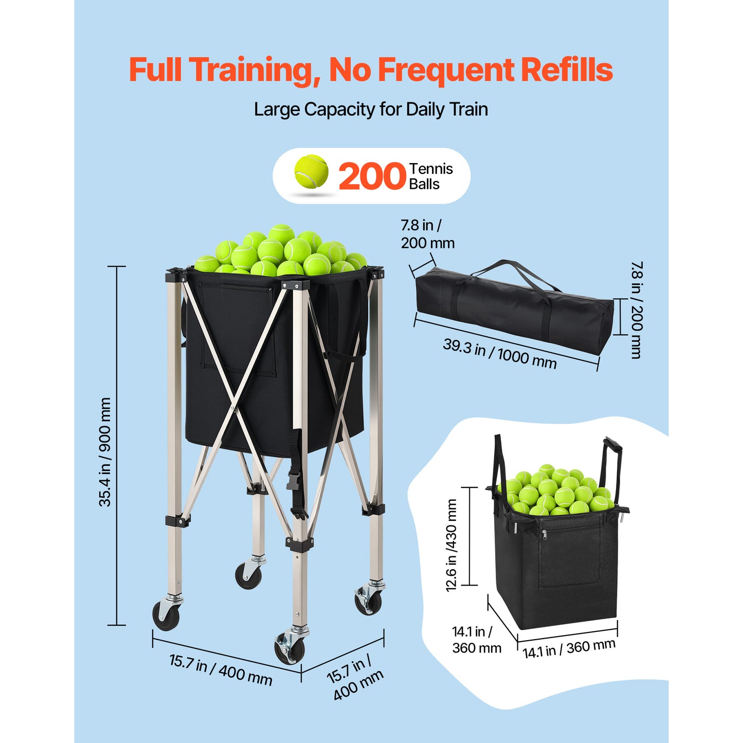 Tennis Ball Hopper with Wheels - Holds 200 Balls, Foldable Pickup Basket for Training