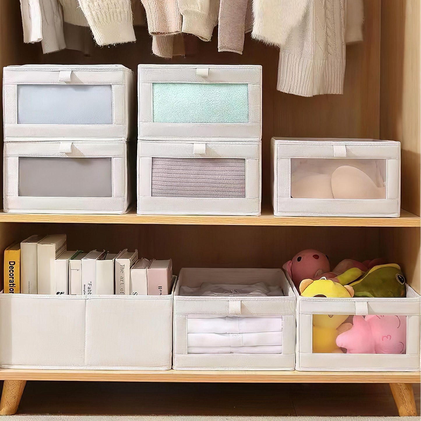 4Pcs Foldable Linen Clothing Storage Bin With Visible Clear Window