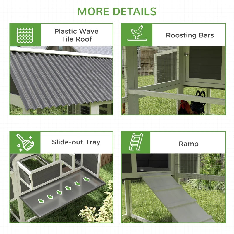 Wooden Chicken Coop with Run, Nesting Boxes, Roosting Bars, Ramp & Tray - Gray