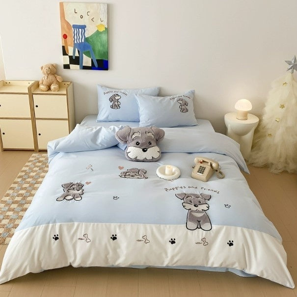 Cute Schnauzer Cotton Bedding Set - Embroidered Cartoon Bed Linen