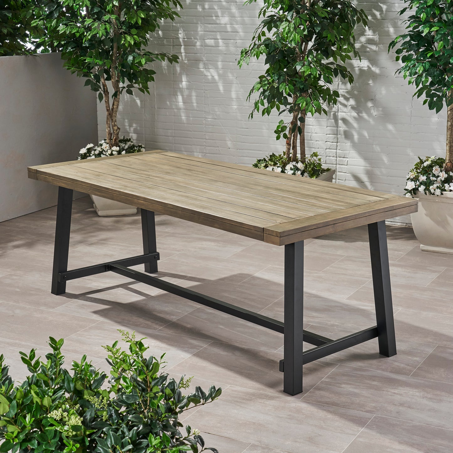 Outdoor Acacia Wood Dining Table - Grey Rustic Metal Frame