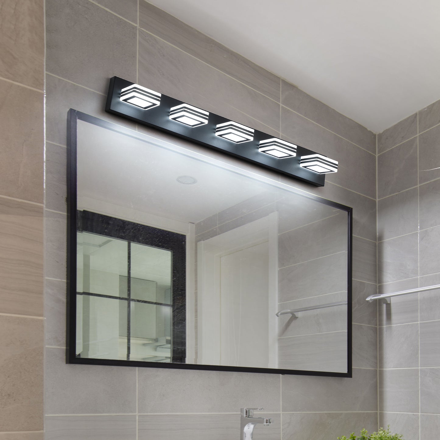 32-Inch Modern Black LED Vanity Light with Square Acrylic Shades