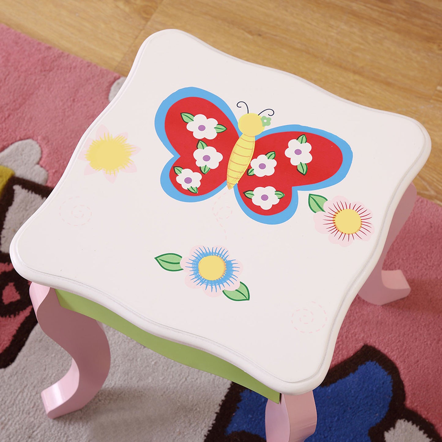 Kids Vanity Set Floral Printed Wooden Makeup Dressing Princess Table