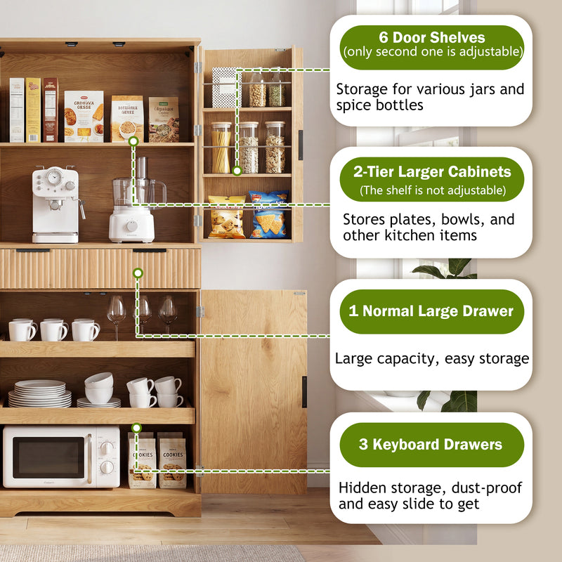 72-Inch Fluted Kitchen Pantry Cabinet with 3 Drawers & 6 Shelves - Oak