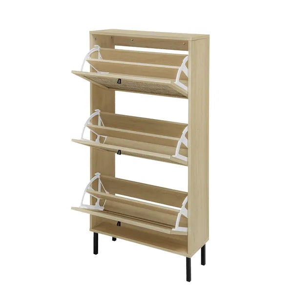 Rattan 3 Door Shoe Rack, Freestanding Modern Storage Cabinet, For
