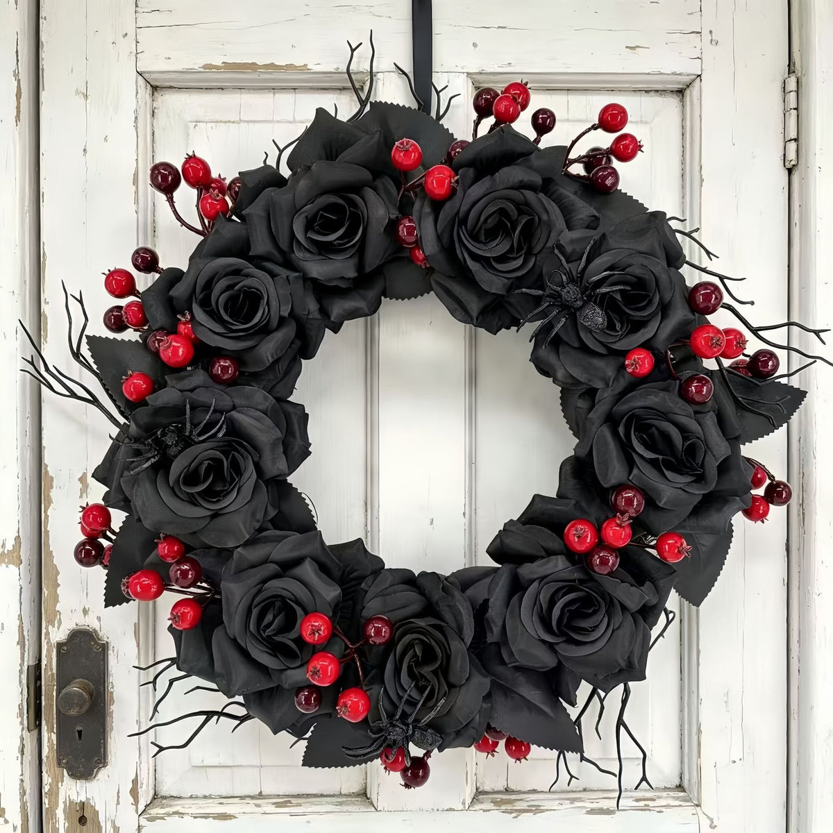 Halloween Wreath Decoration with Dried Branches and Roses - Handmade Festive Home Decor