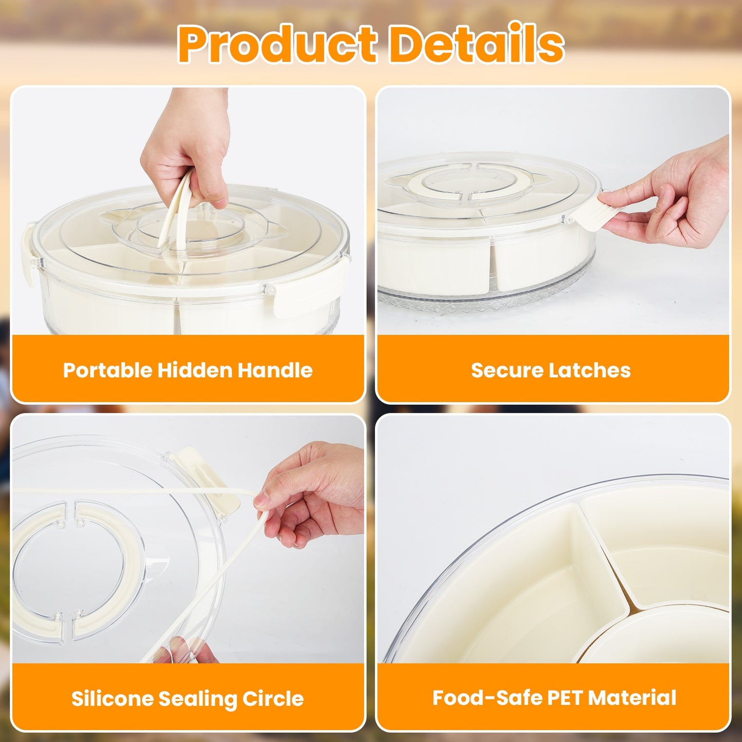 Divided Serving Tray with Lid & Handle - 360° Rotatable Snack Box
