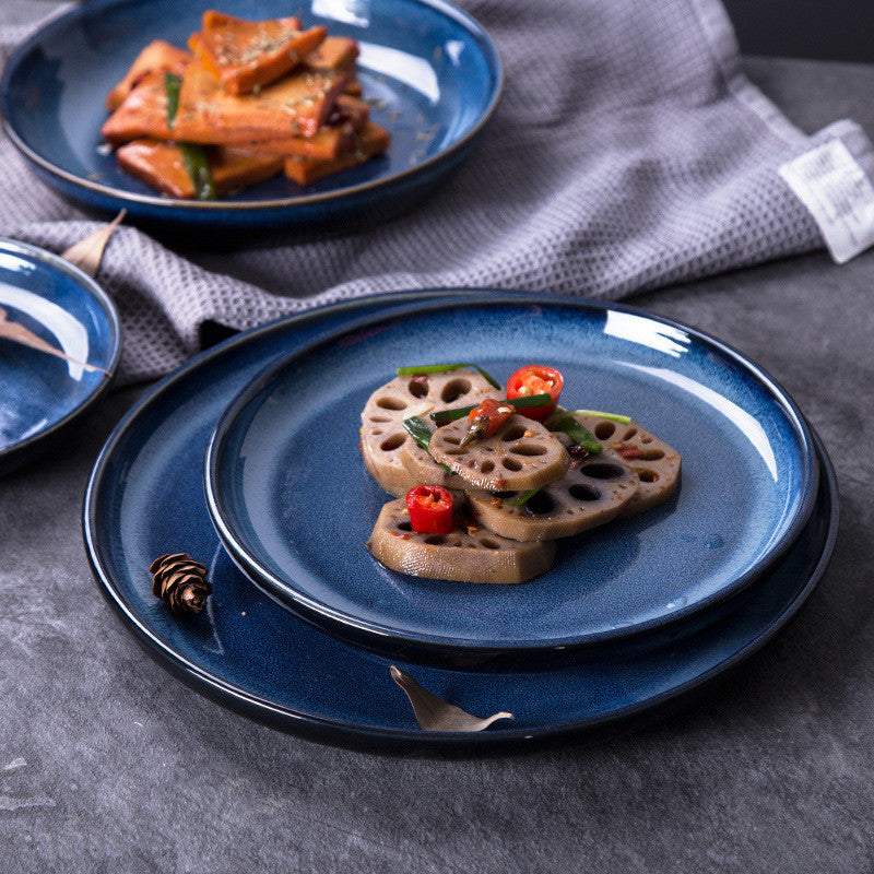 Japanese Kiln-Glazed Star Blue Ceramic Plate - Hand-Painted Dinnerware