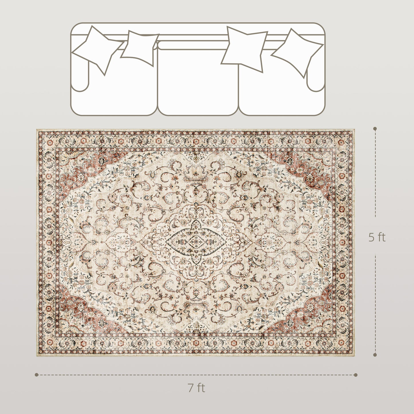 5x7 Area Rug - Machine Washable Floral Print, Non-Slip, Mixed-Brown