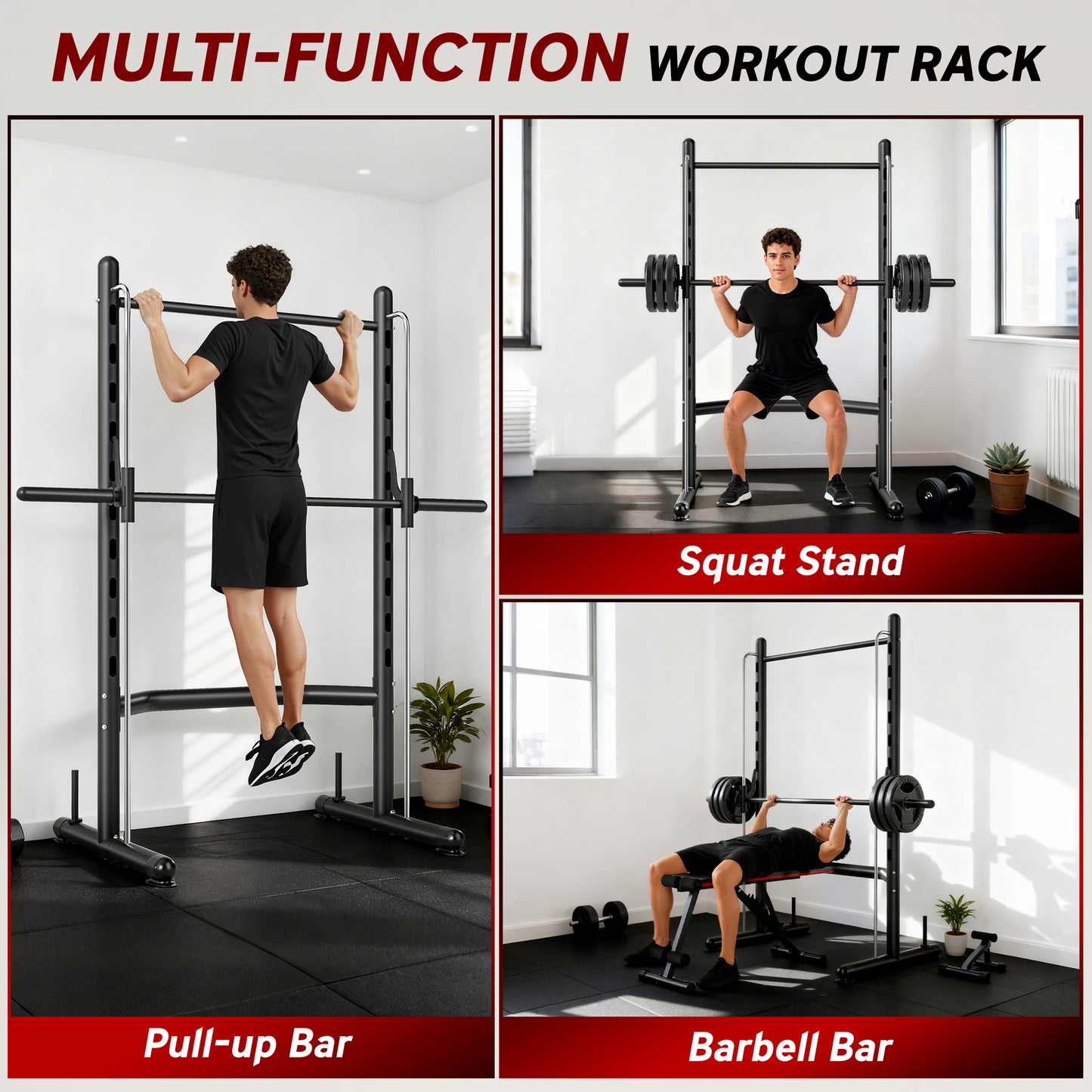 Adjustable Squat Rack with Pull-Up Bar & Barbell Holder - Black