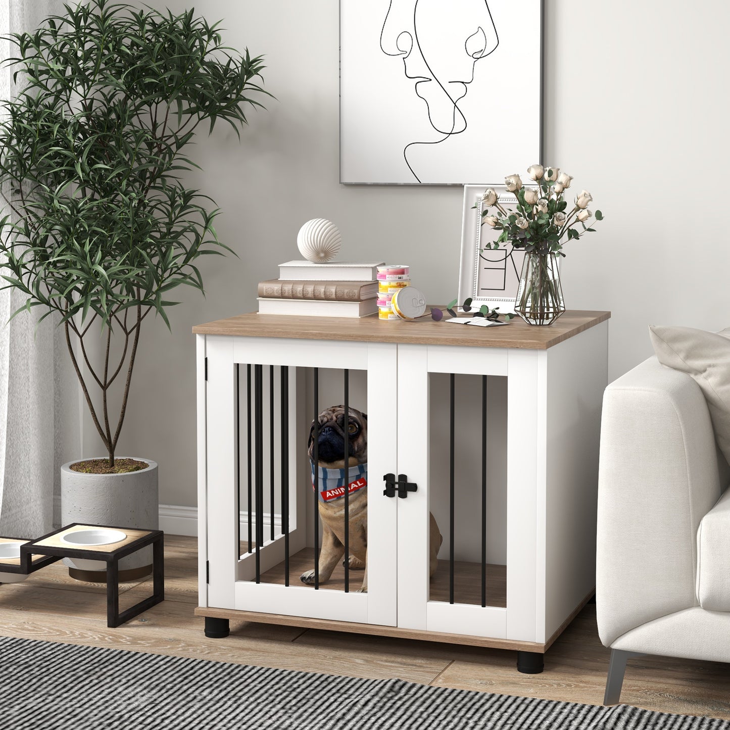 Indoor Dog Kennel End Table with Lockable Door - Walnut Brown, Small to Medium Dogs