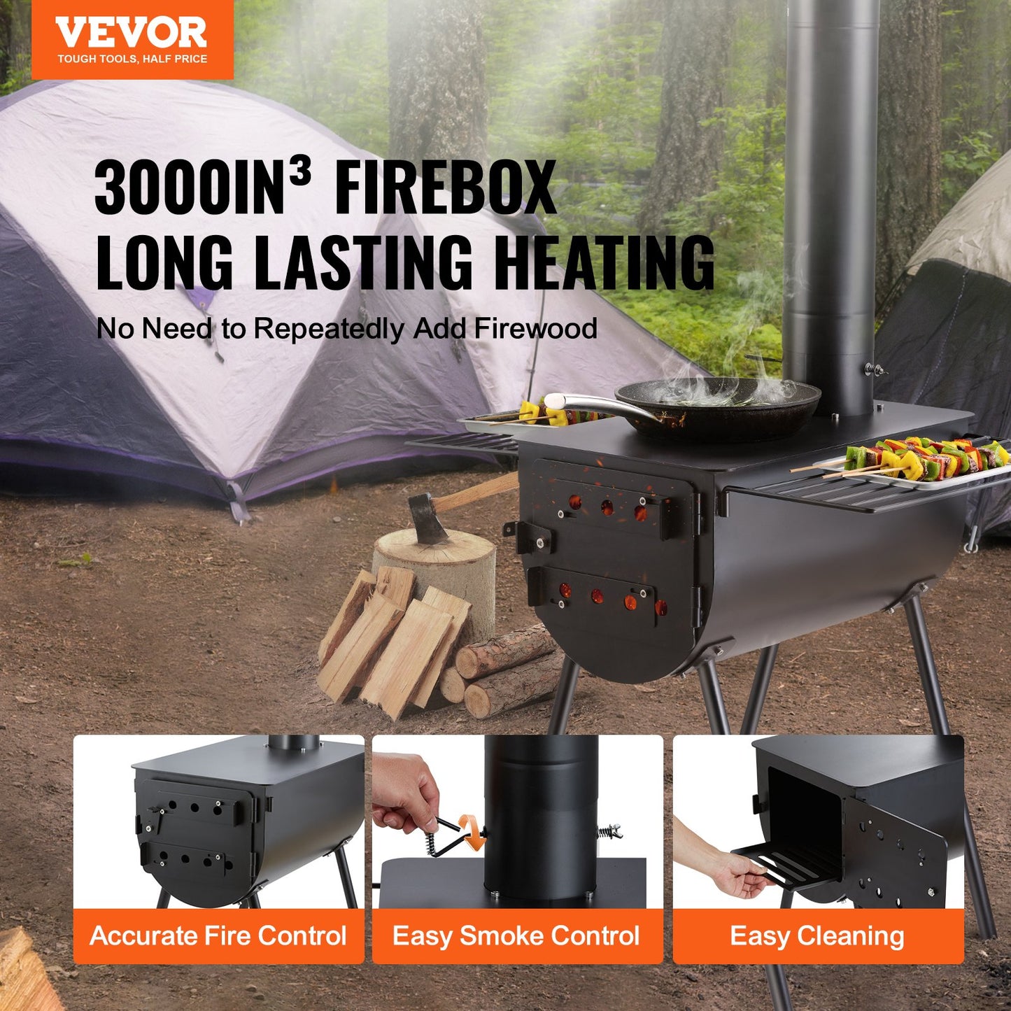 Portable Wood Burning Camping Stove with Chimney Pipes & Gloves - 118 Inch Alloy Steel Firebox