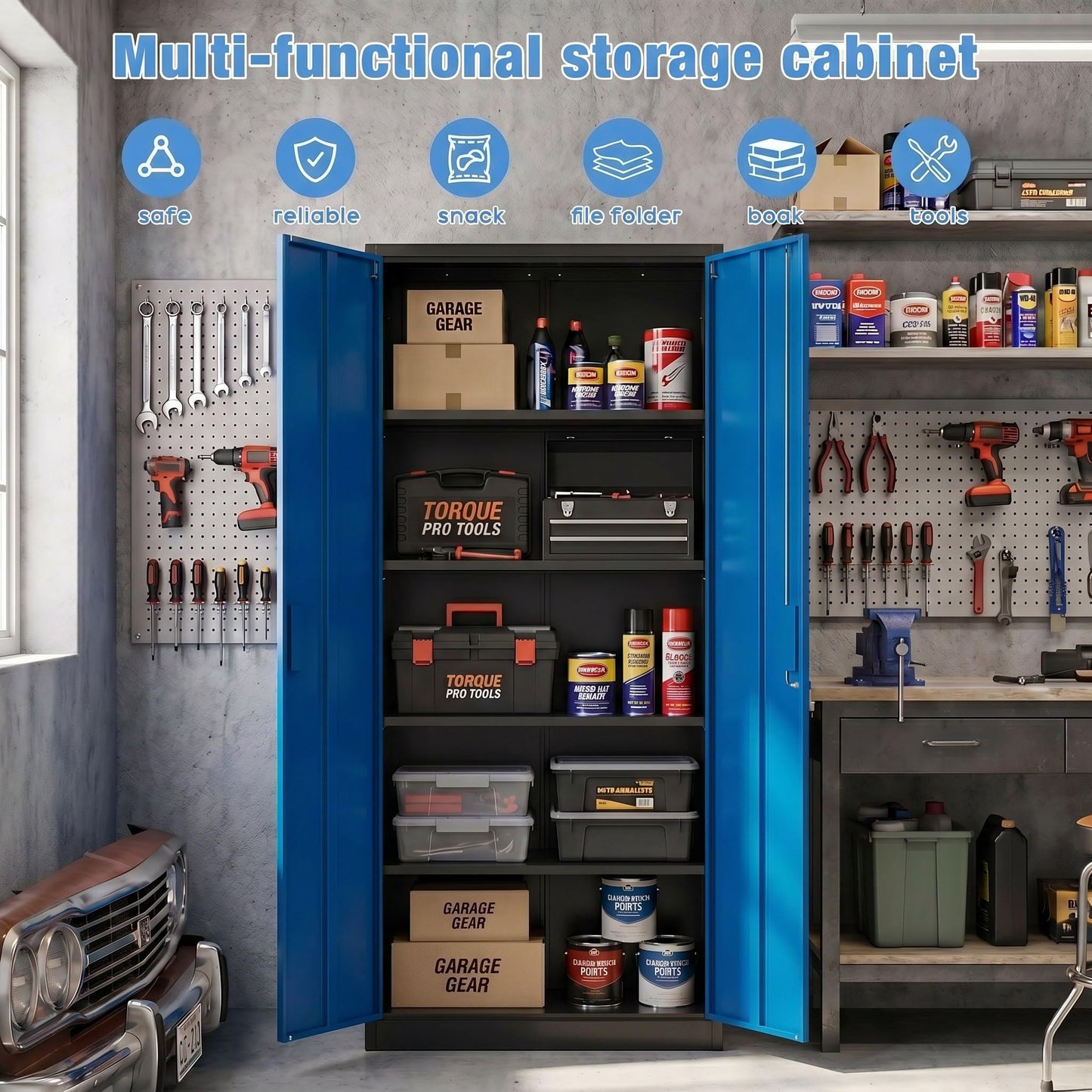 Lockable Metal Garage Storage Cabinet with Adjustable Shelves - Black & Blue