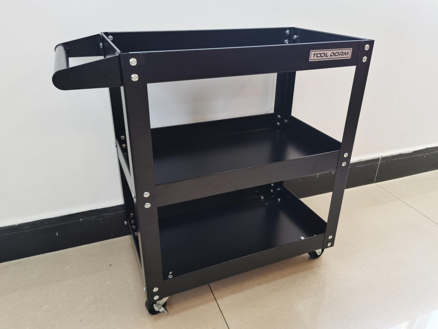 Three-Tier Hand Cart with Lockable Wheels and Ergonomic Handle - Black
