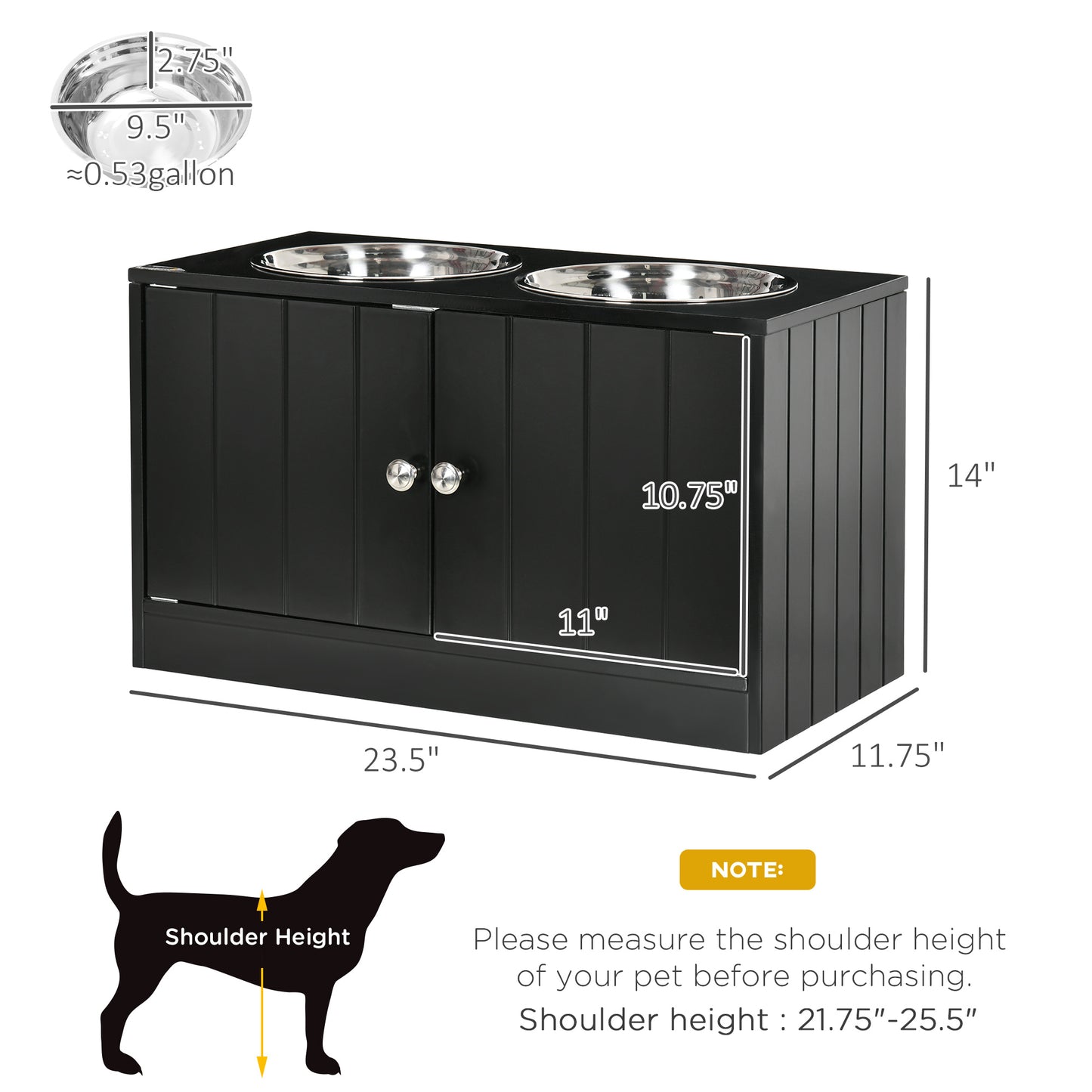 Elevated Dog Food Bowl Stand with Storage Cabinet - Large Capacity Black