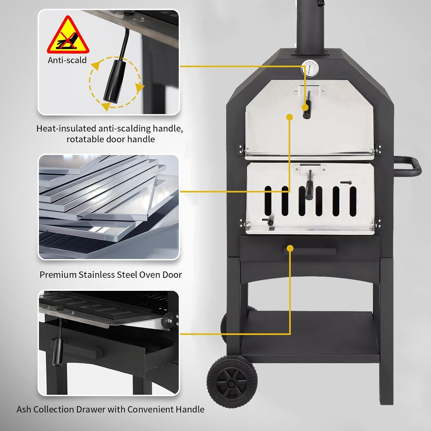 Outdoor Pizza Oven, Wood Fired Oven With Wheels For Outside, Portable