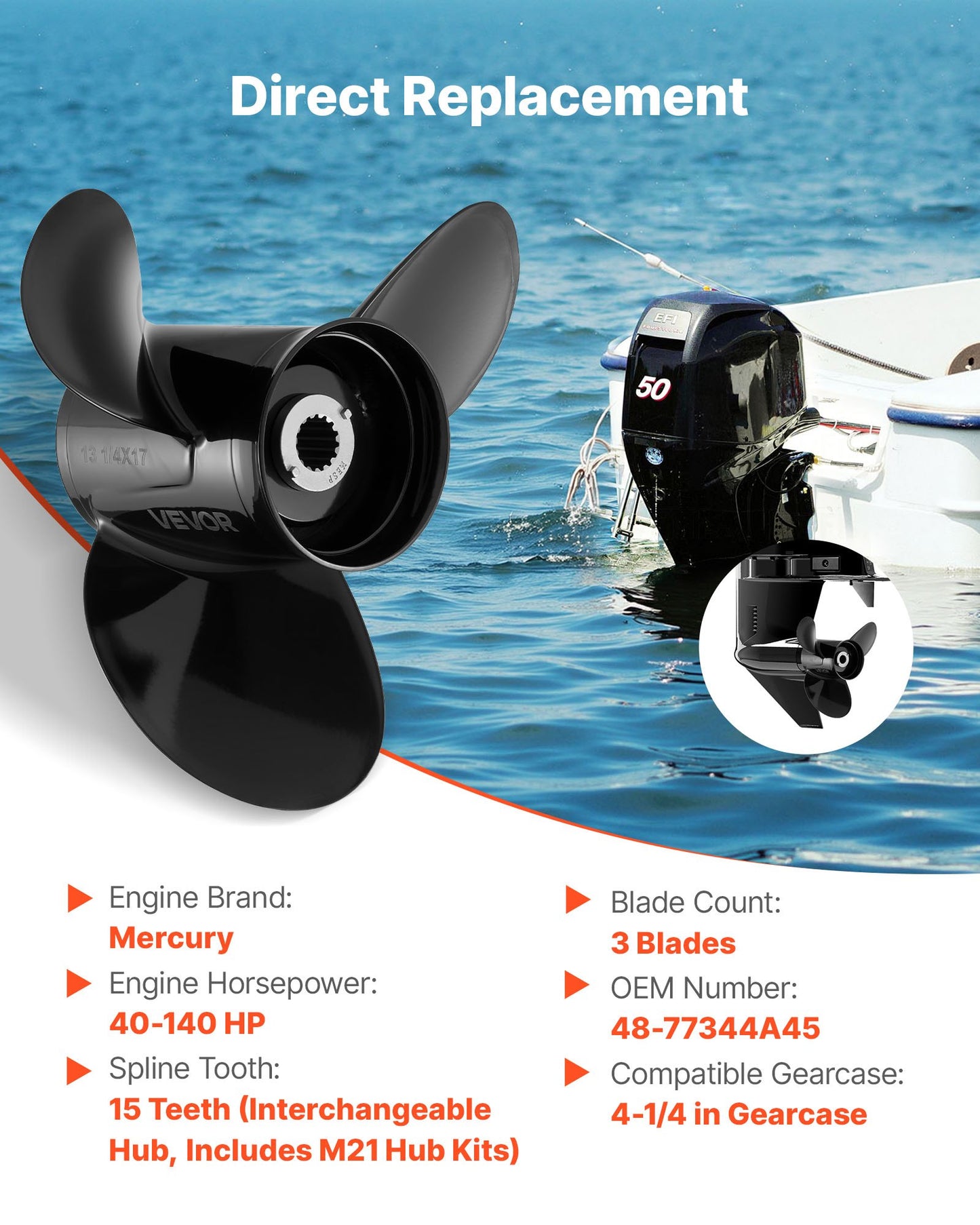 Boat Outboard Propeller 3-Blade RH Aluminum Replacement for Mercury 40-140 HP