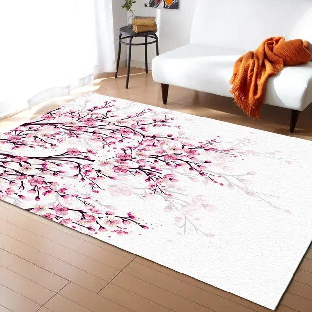 Pastel Cherry Blossom and Crescent Moon Non-Slip Flannel Floor Mat - Home Rug