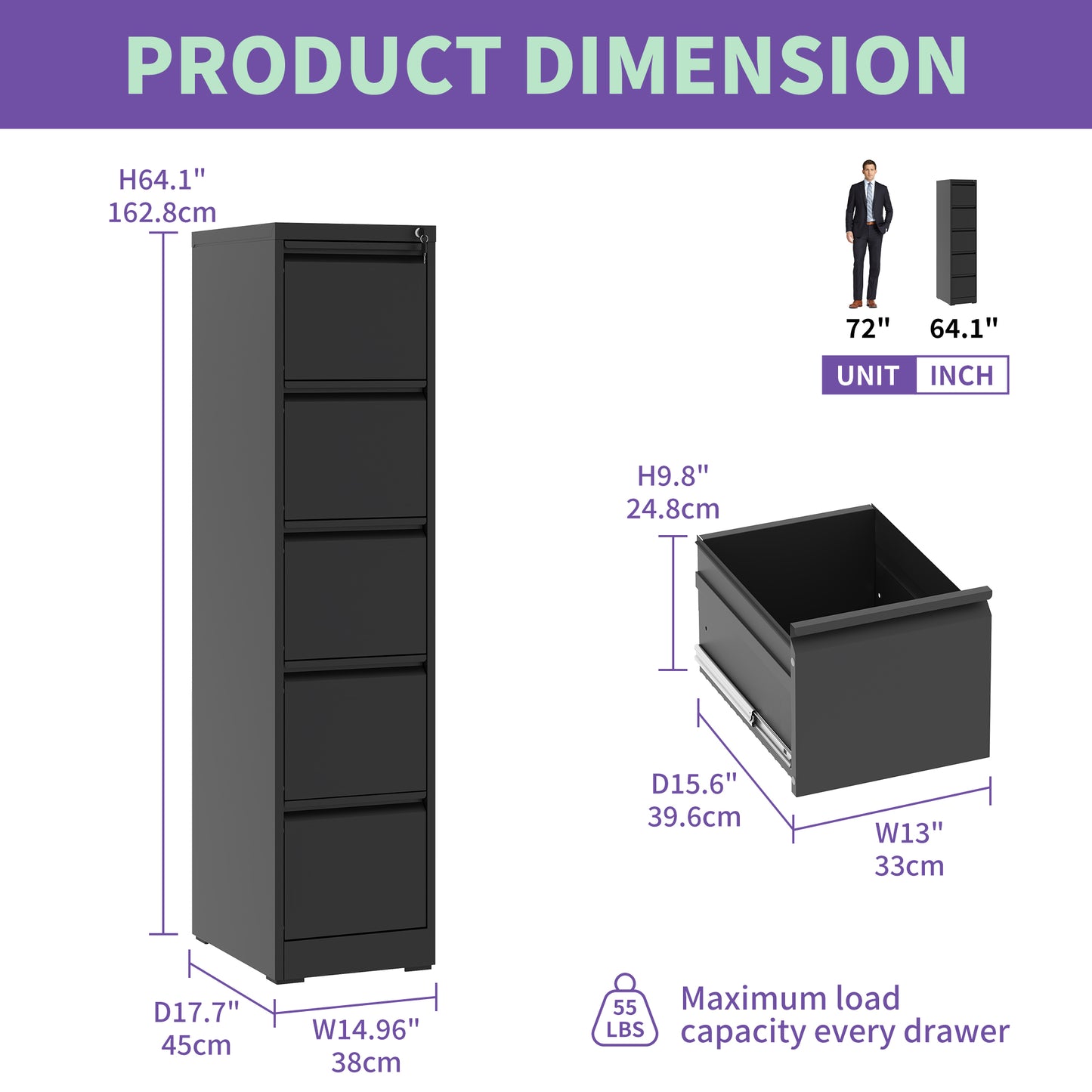 5 Drawer Metal Vertical File Cabinet With Lock Office Home Steel For