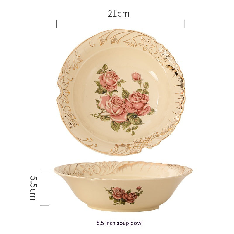 European-Style Ceramic Rice & Soup Bowls Set of 2 - Flower Pattern, Retro Kitchen Tableware