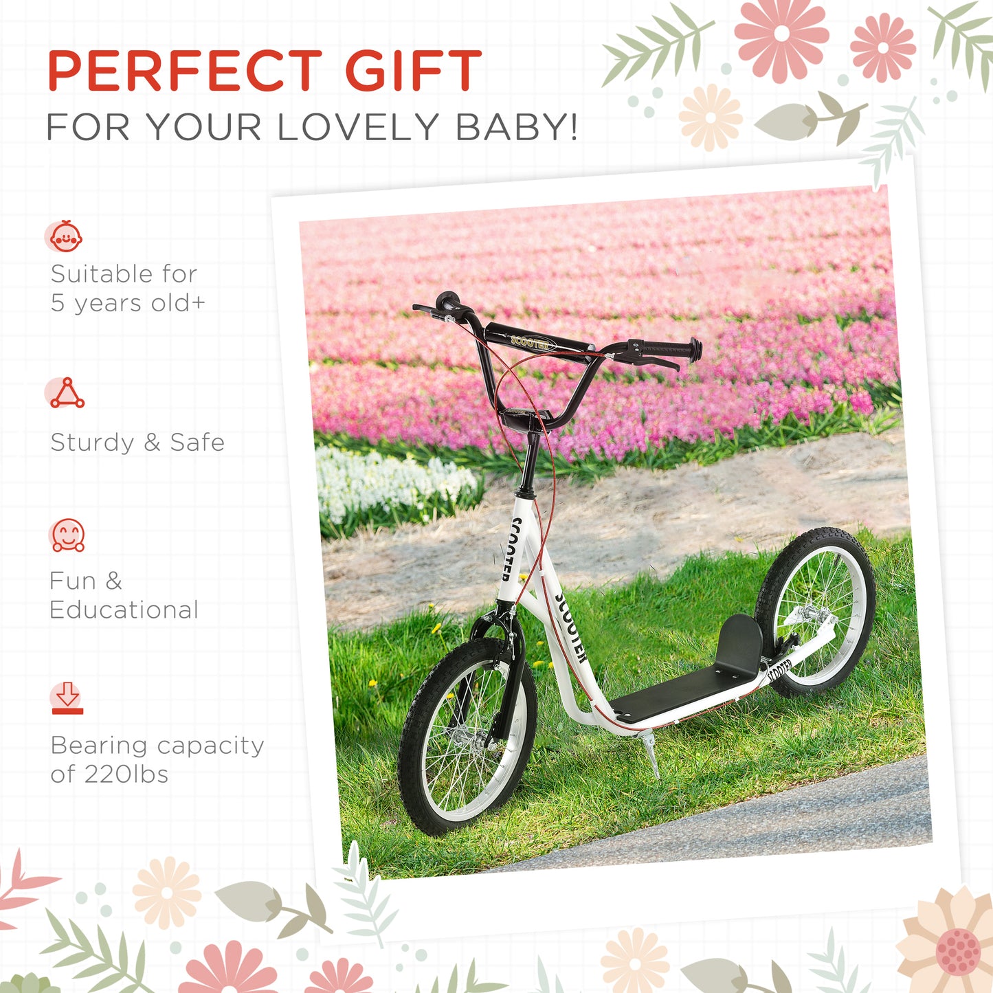 Adjustable White Toddler Scooter with Inflatable Wheels & Dual Brakes