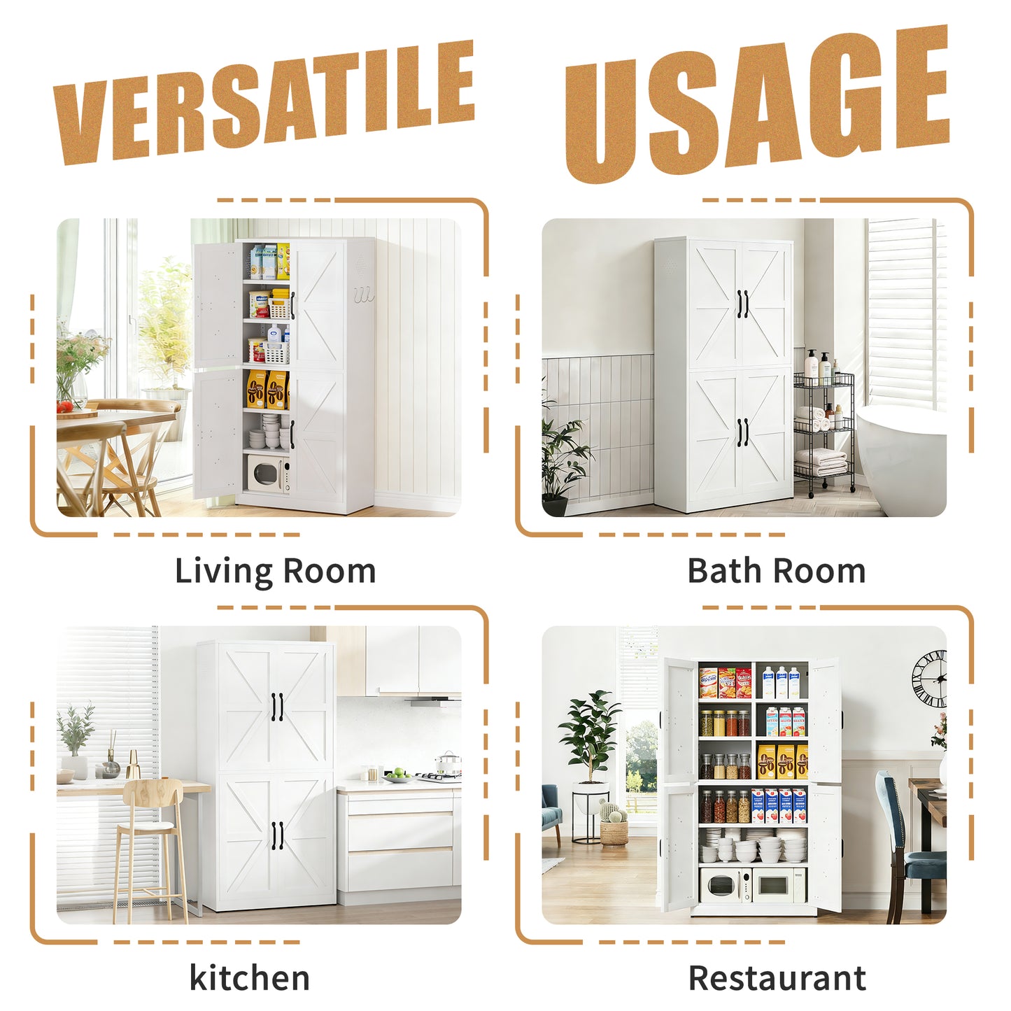 White Steel Kitchen Pantry Storage Cabinet With Adjustable Shelves,