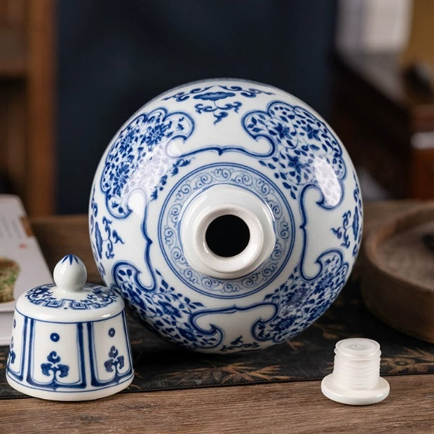 Blue and White Porcelain Baijiu Storage Jar with Double Seal Lid - 2.5kg/5kg Options