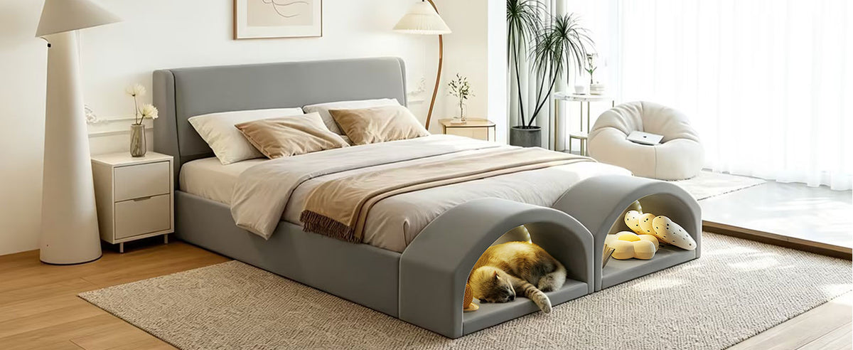 Queen Size Upholstered Platform Bed Frame with Dual Cat Caves & LED Pet Nests - Gray