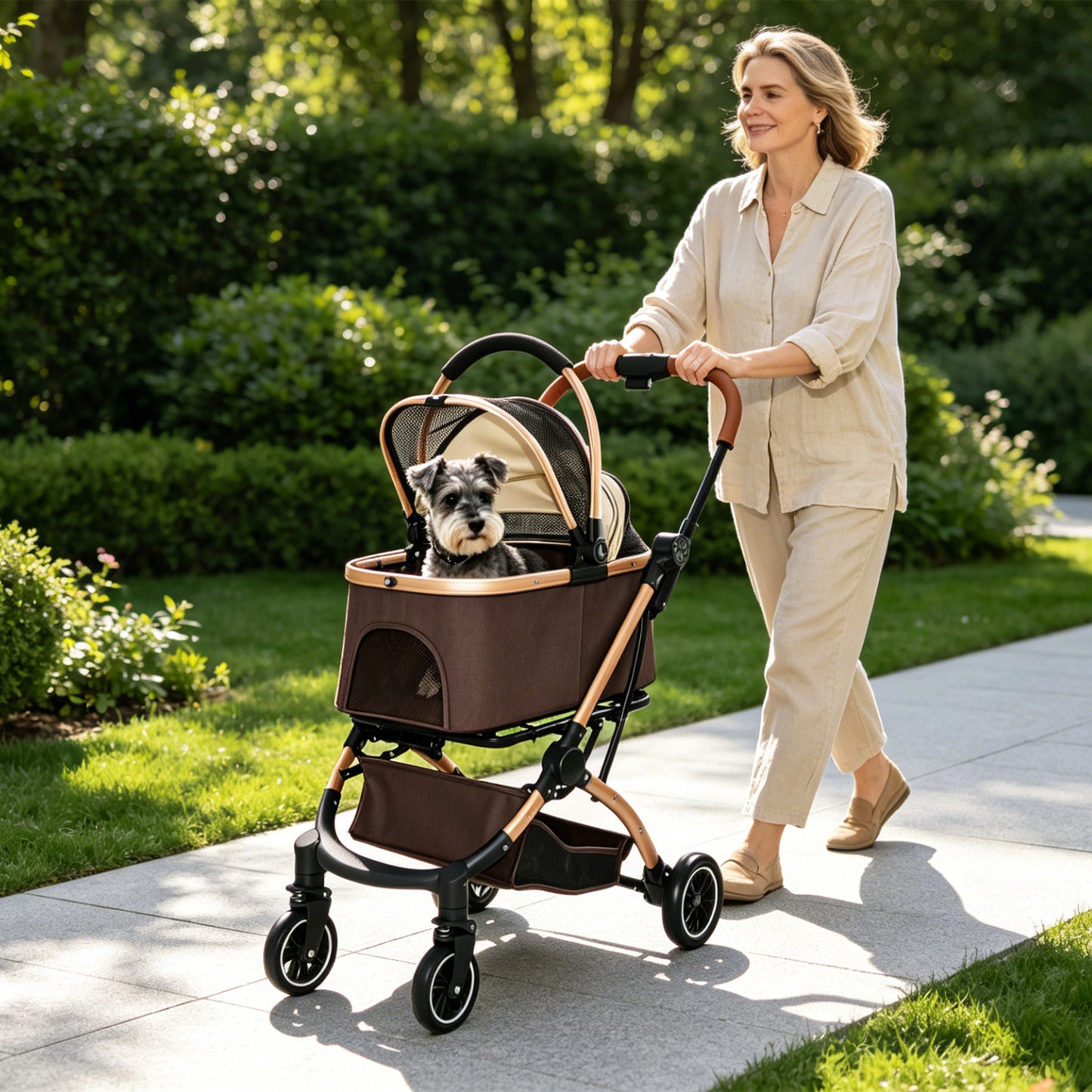 Pet Stroller for Dogs Cats 2-in-1 Foldable Sun Canopy Travel Carrier Khaki
