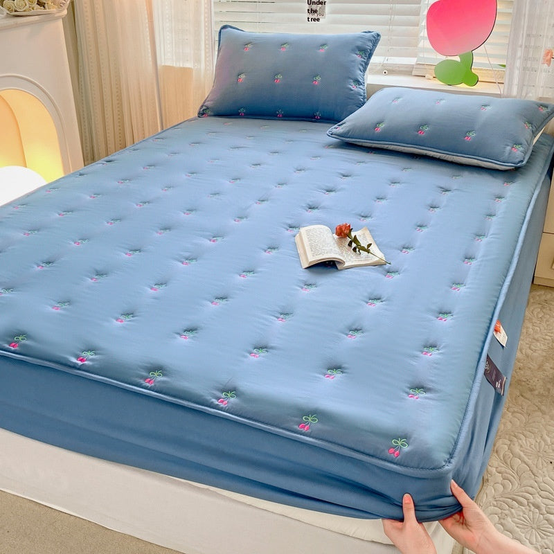 Washed Cotton Fitted Bed Sheet Set with Embroidery - Multiple Sizes & Patterns