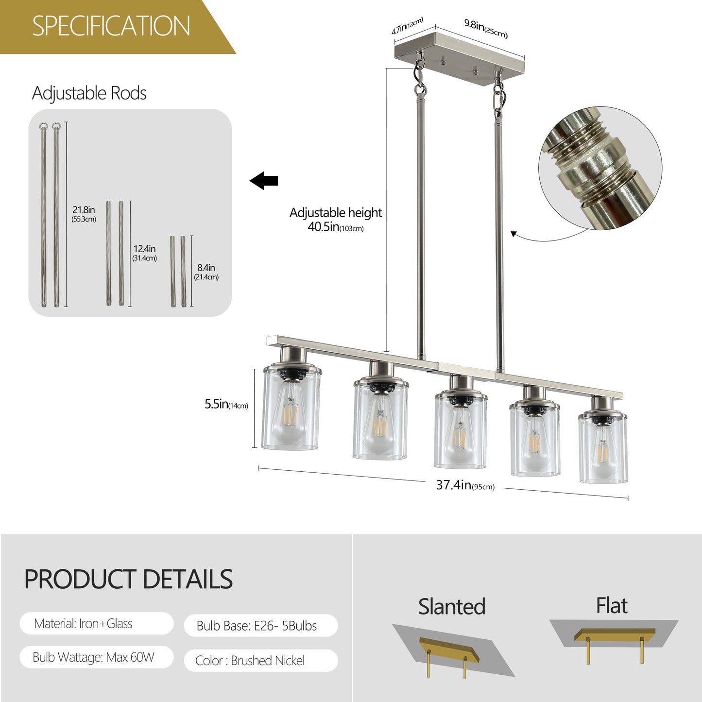 Brushed Nickel 5-Light Chandelier - Modern Pendant Light Fixture