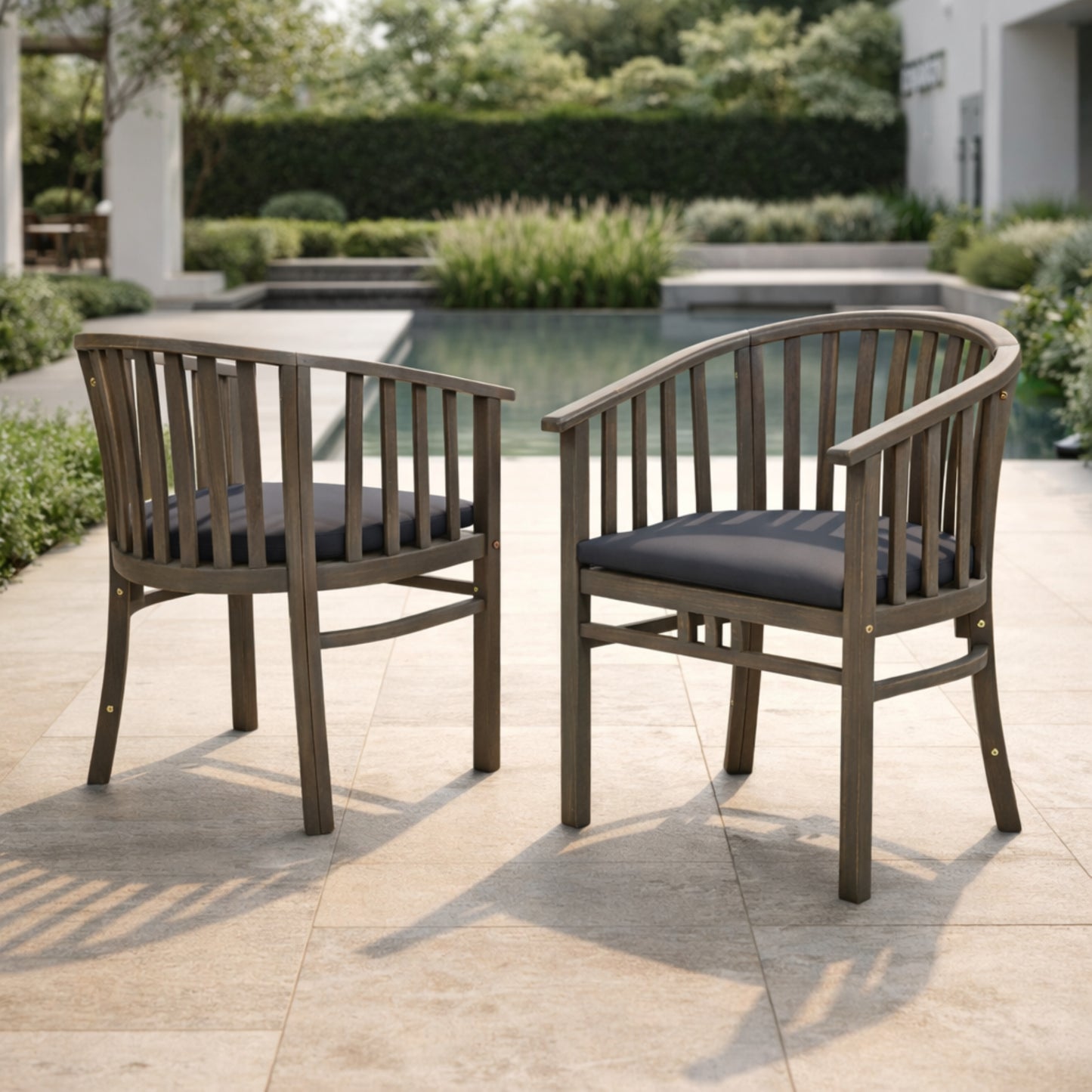 Outdoor Dining Chairs Set of 2 with Cushions - Dark Grey Acacia Wood