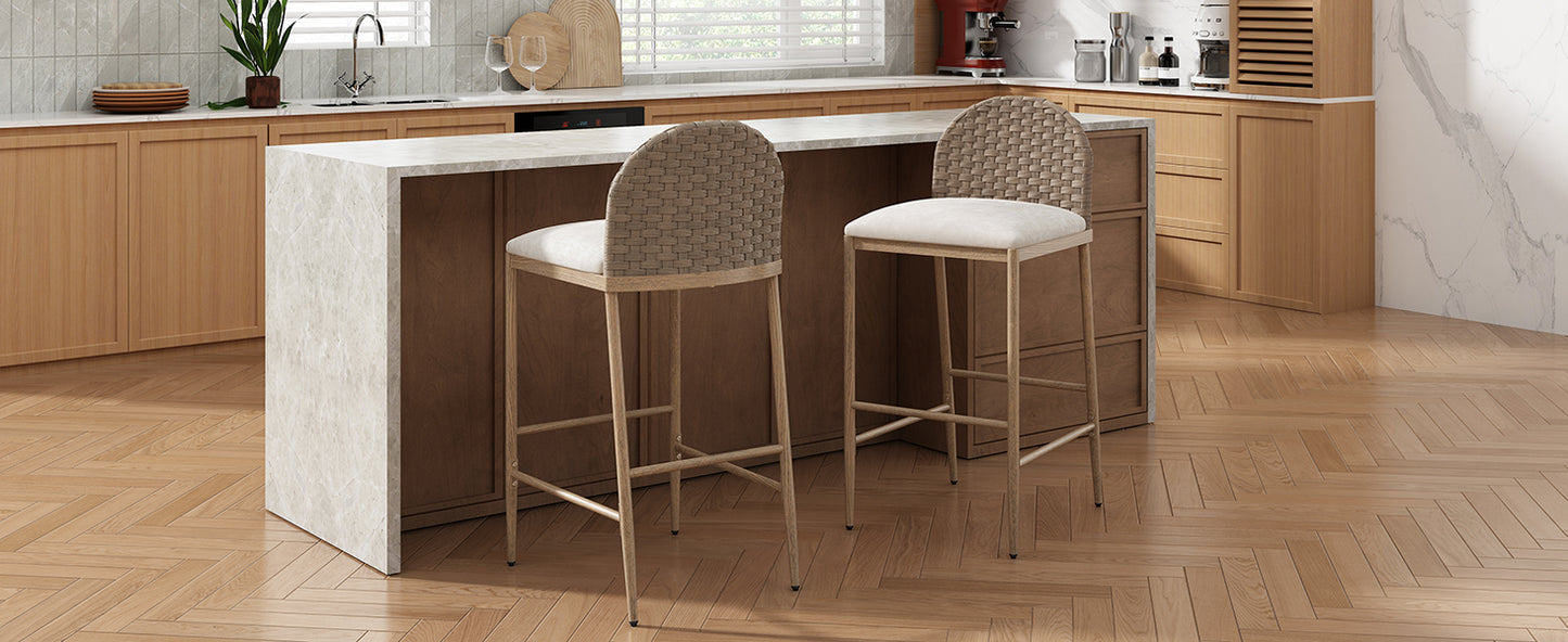 Farmhouse Barstools Set of 2 - Upholstered Iron Counter Stools with Rattan Backrest - Brown Beige