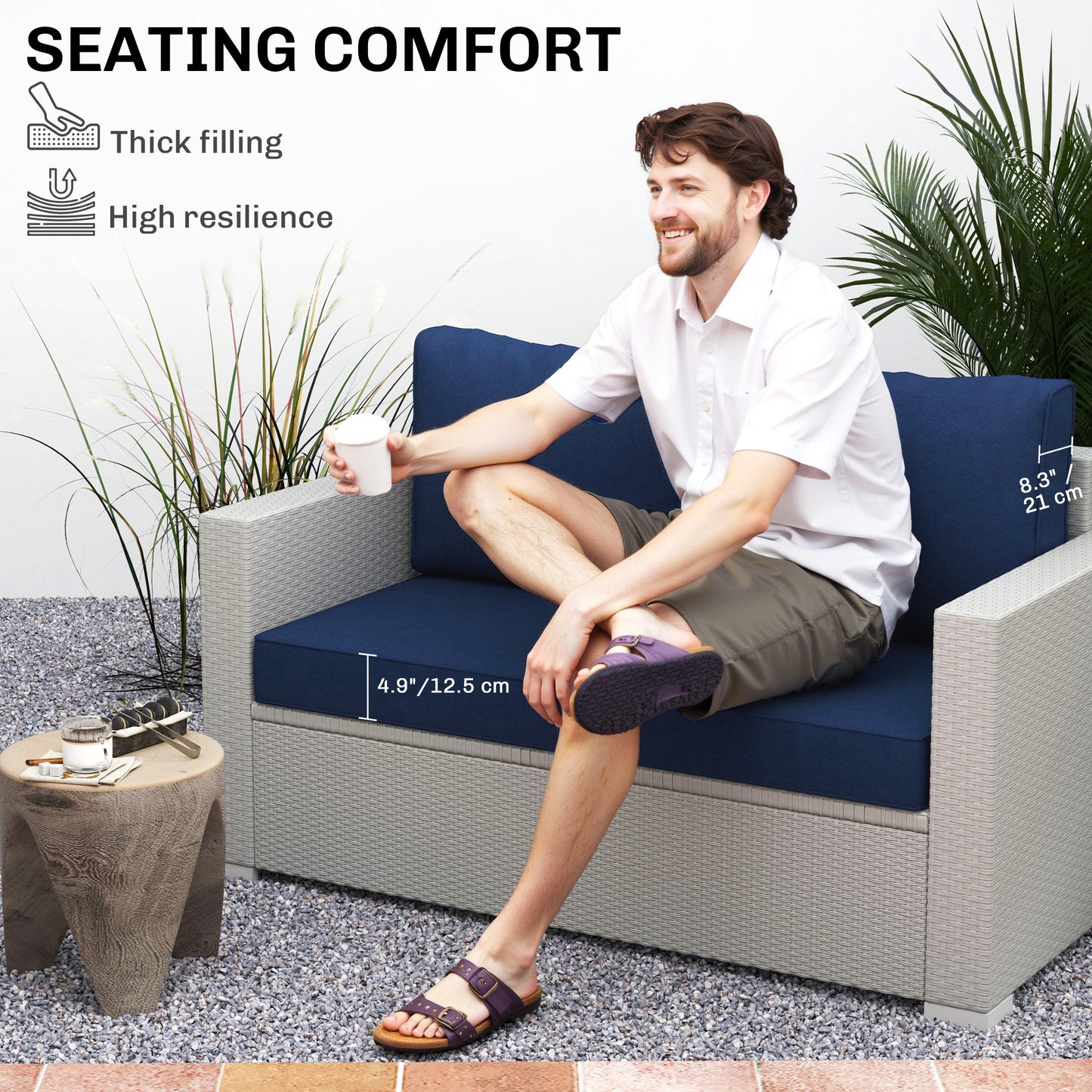 Outdoor Loveseat Cushion Set - Thick Navy Blue Cushions, 46x26x5 in