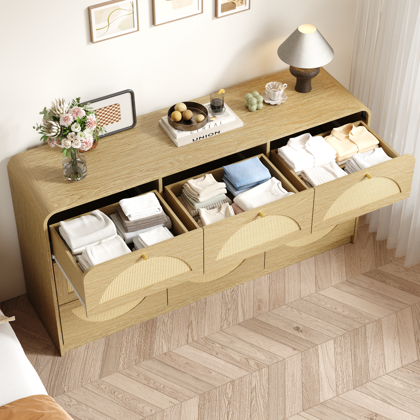 9-Drawer Rattan Dresser - Modern Walnut Storage Cabinet