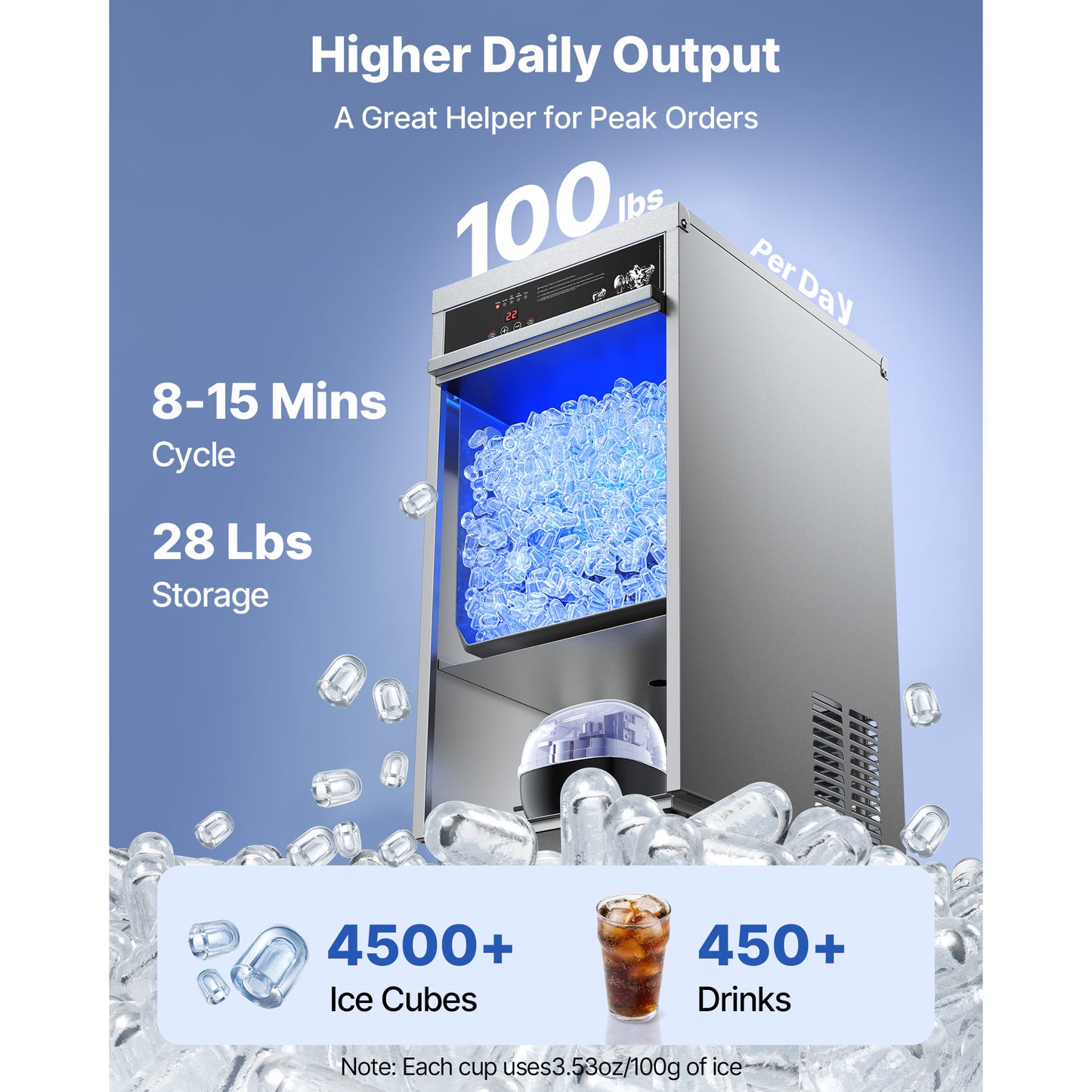 Commercial Ice Maker Machine 100Lbs/24h Stainless Steel Built-in & Freestanding