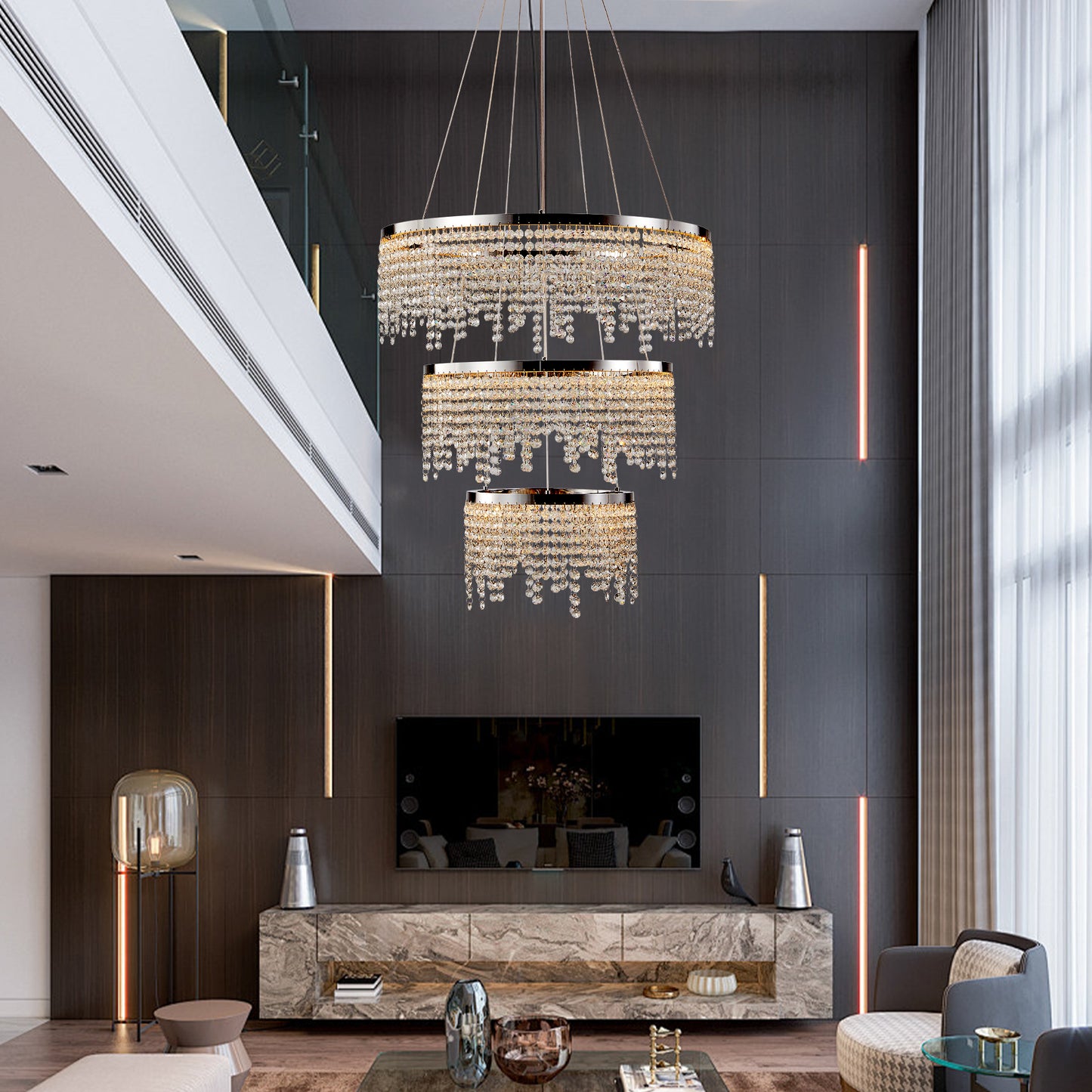 24-Inch Crystal LED Ceiling Chandelier with Adjustable Color Temperature - Chrome Finish