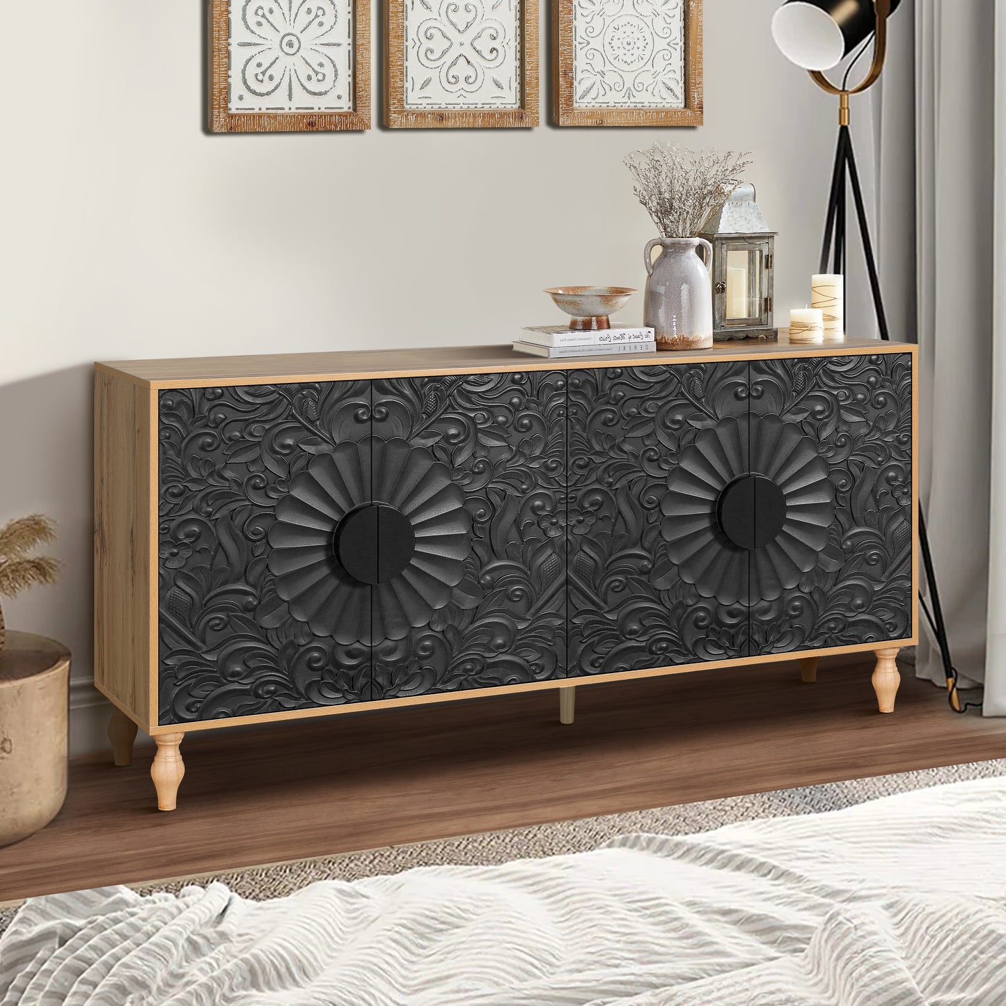 Black Carved Symmetrical Door with Wood-Coloured Frame - TV Stand