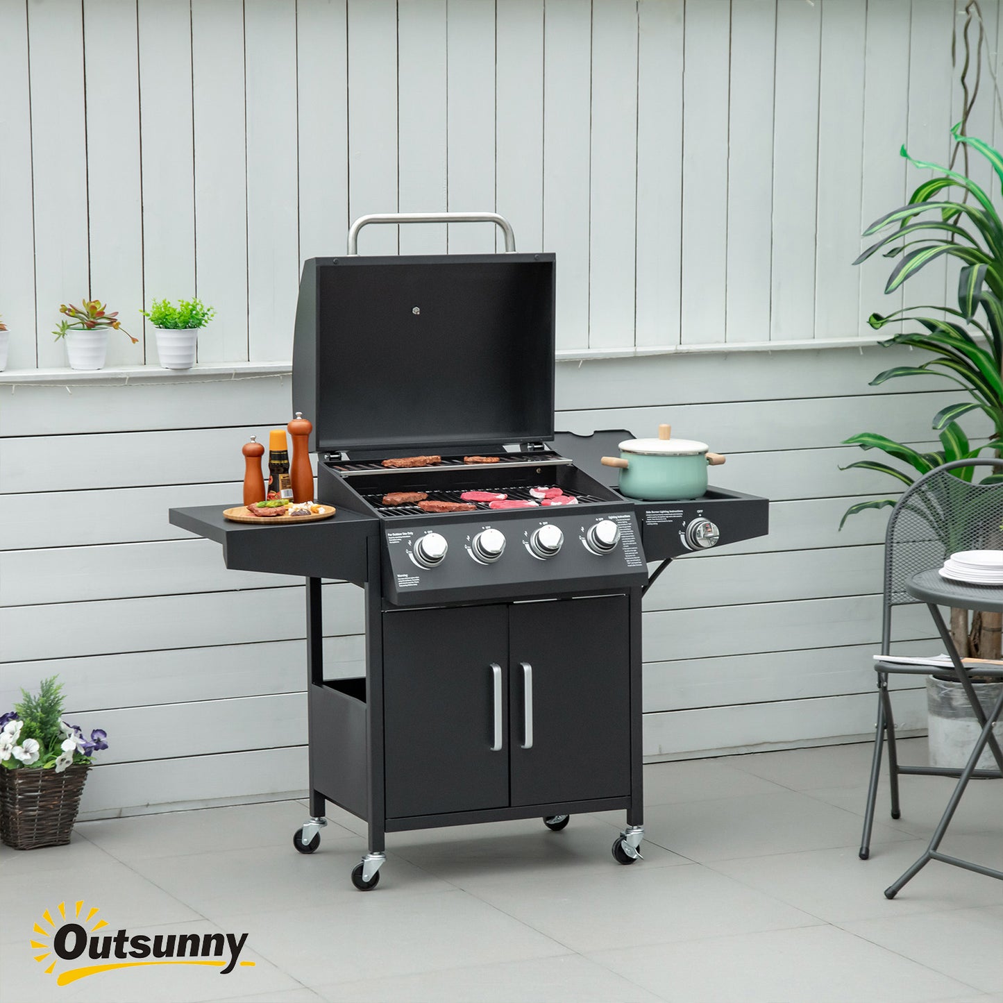 52" 4-Burner Propane Gas BBQ Grill with Side Burner & Wheels