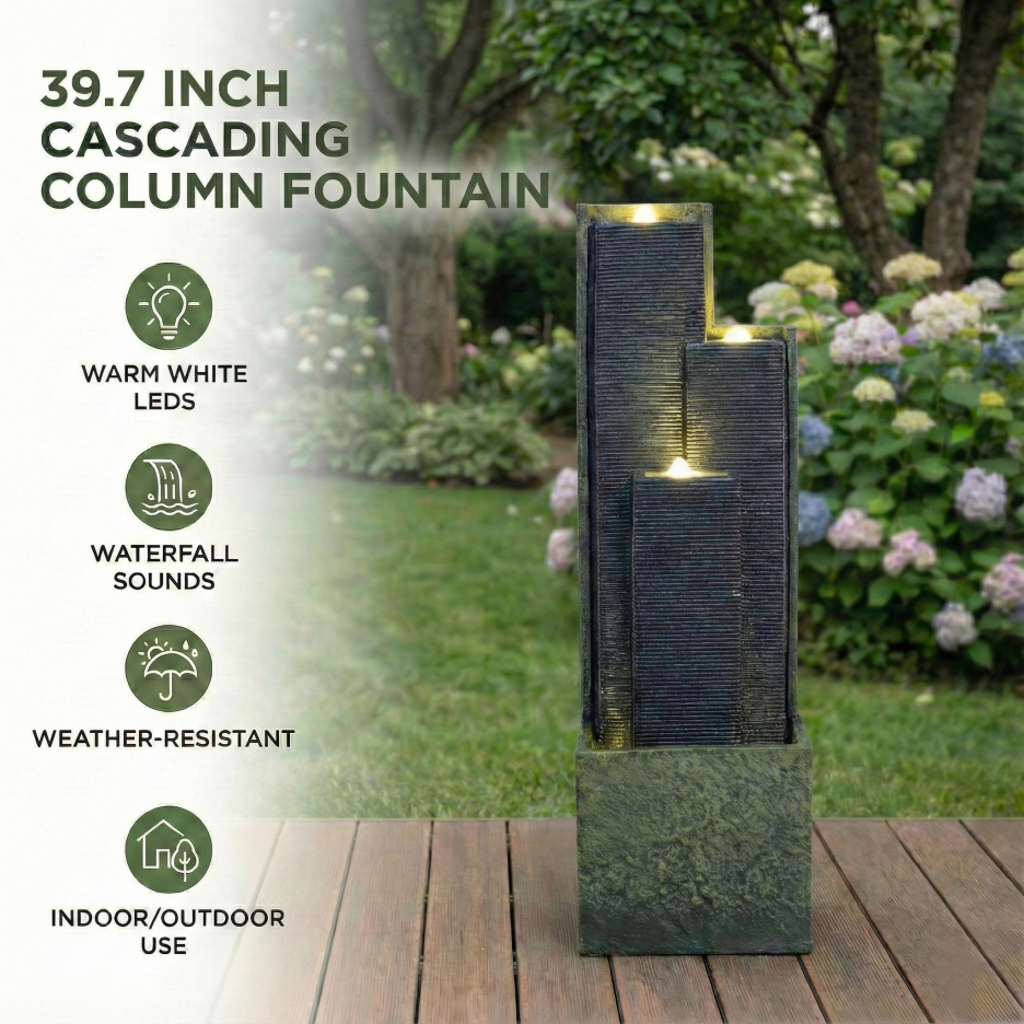 39-inch Outdoor Water Fountain with LED Lights - Garden Patio Lawn Decor