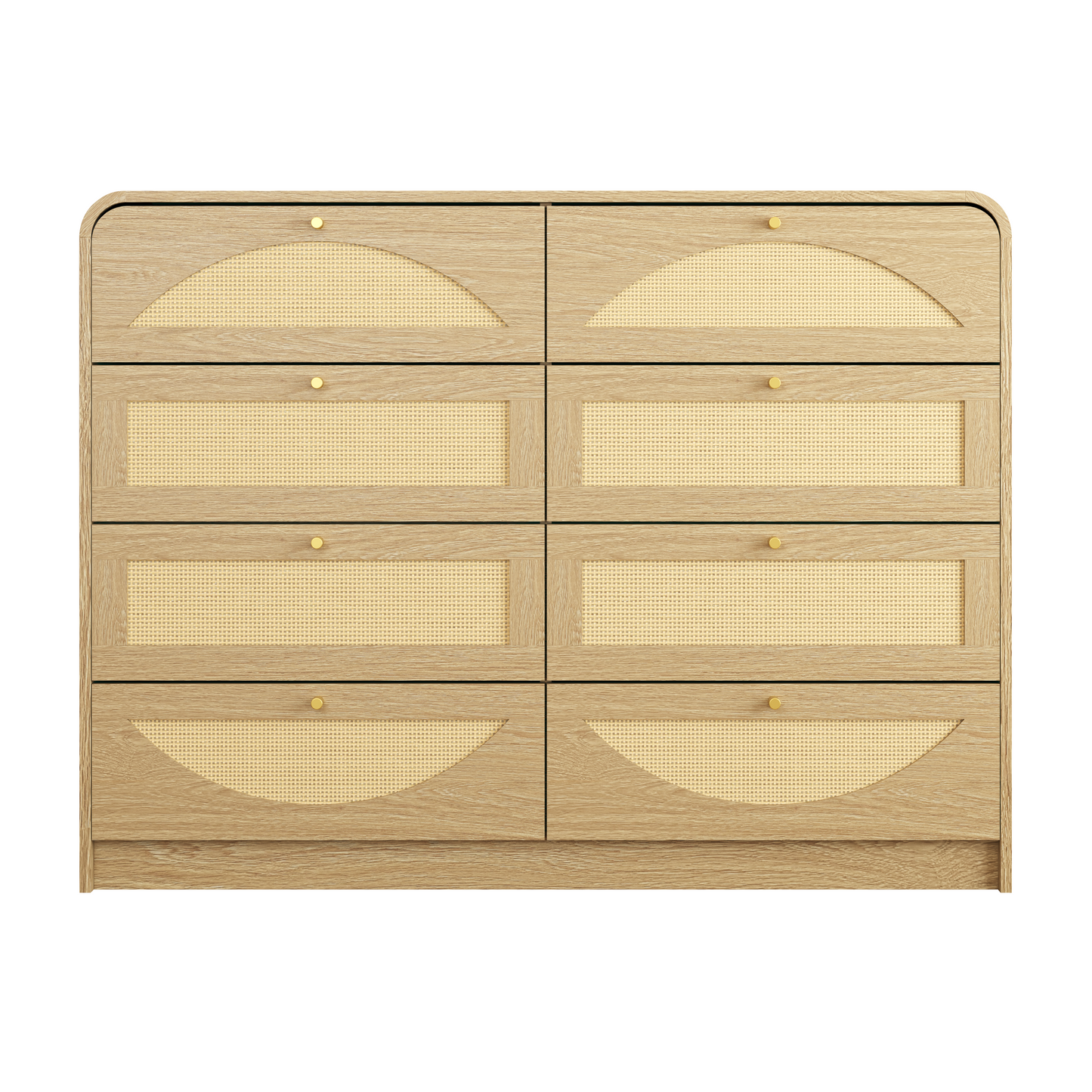 Natural 8-Drawer Dresser with Rattan Front - Wide Storage Cabinet