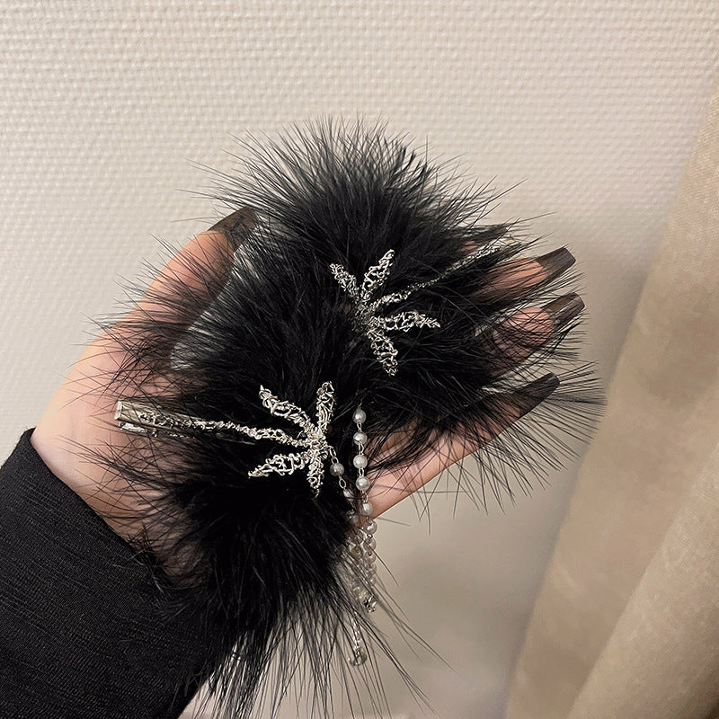 Feather Hairpin with Pearl Tassel - Duck Beak Clip