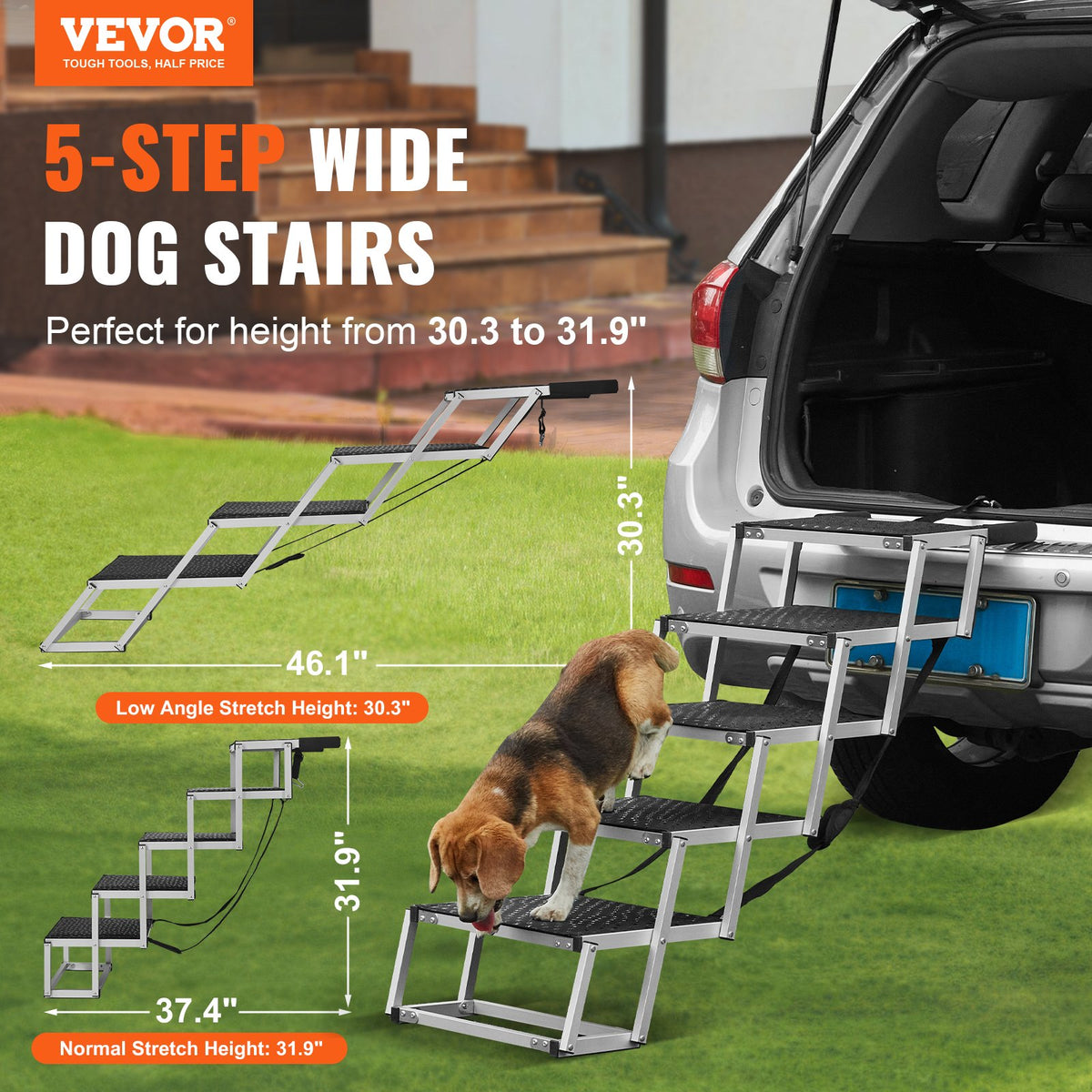 Foldable Dog Car Stairs - Aluminum Pet Steps Supports Up to 150 Lbs Black