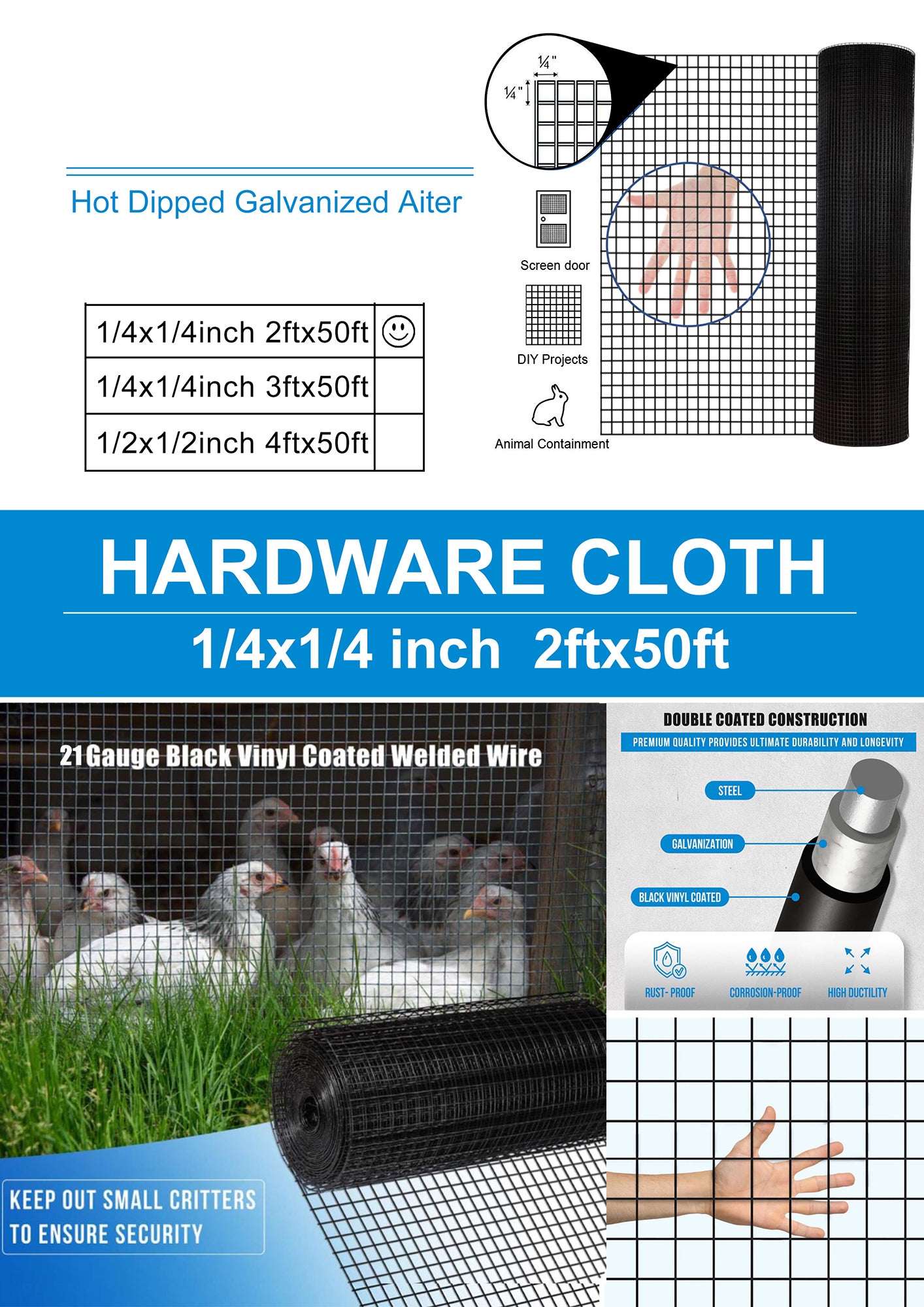 Black Metal Wire Fence - 24 inch x 50 ft Hardware Cloth for Poultry & Garden