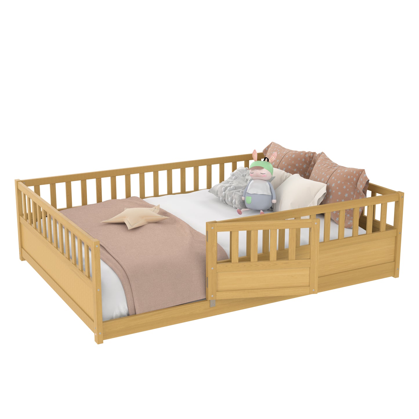 Full Size Montessori Floor Bed with High Security Barrier - Natural Wood