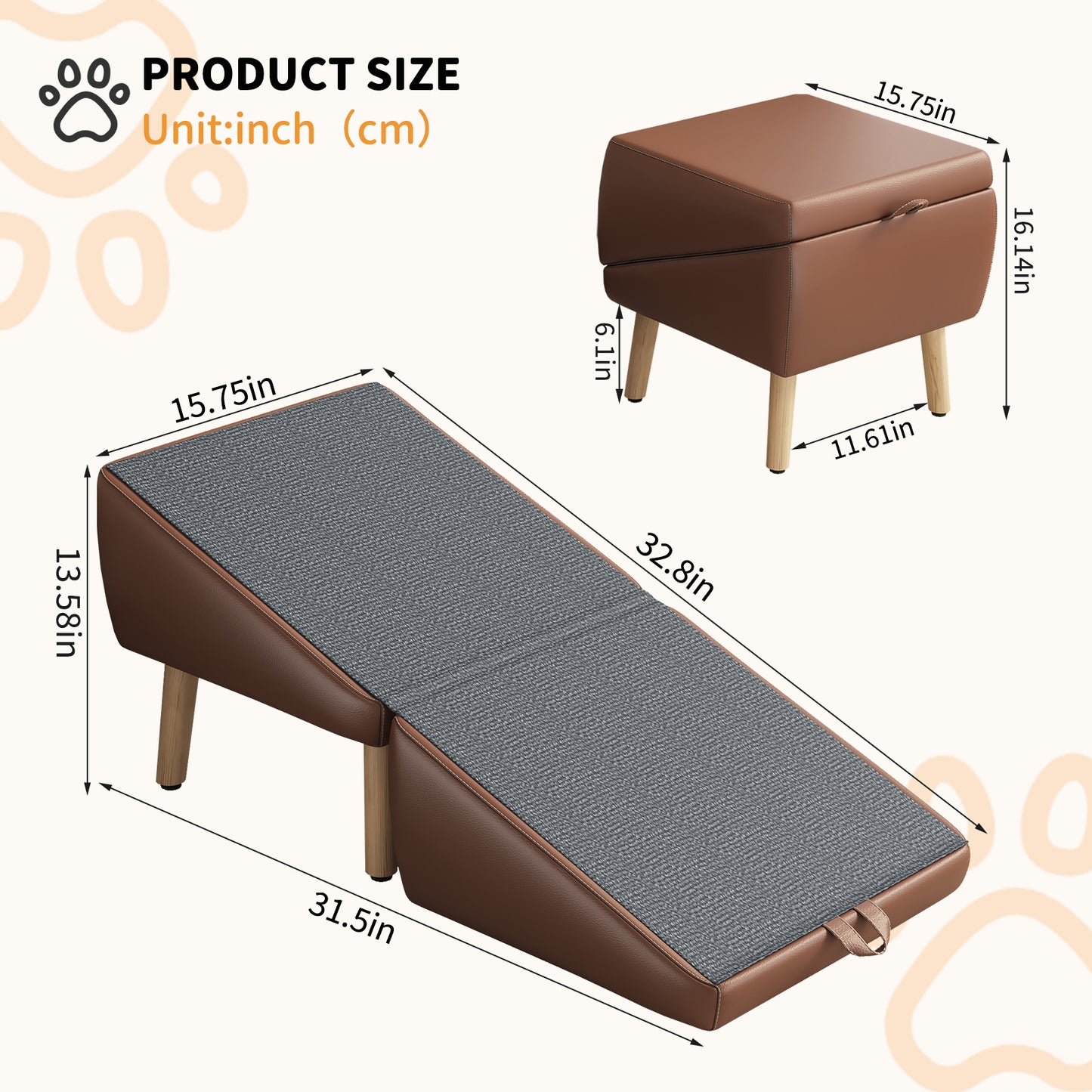 Foldable Dog Stairs for Small Dogs and Cats - Wooden Pet Ramp for Couch & Bed, Brown
